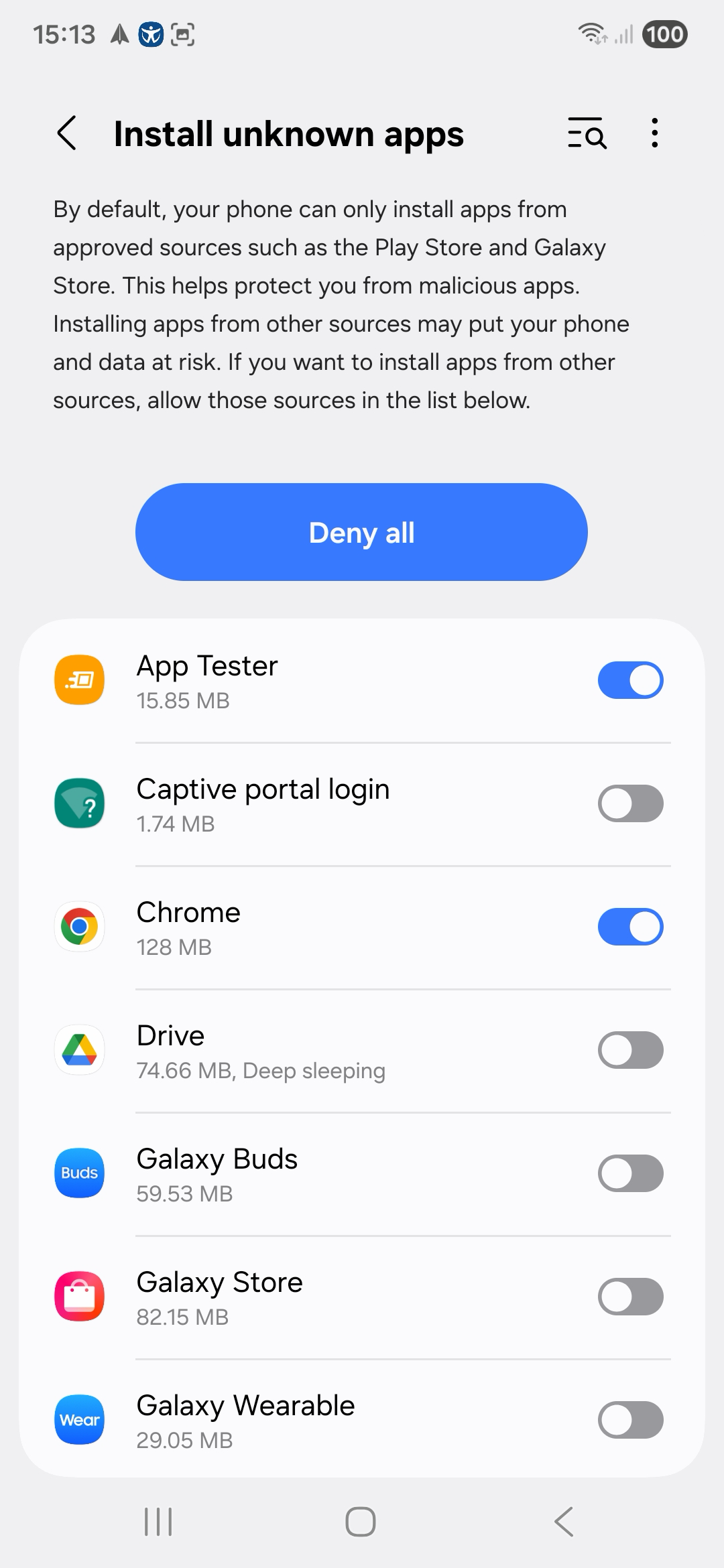 Android Install unknown apps settings screen with App Tester and Chrome switched on