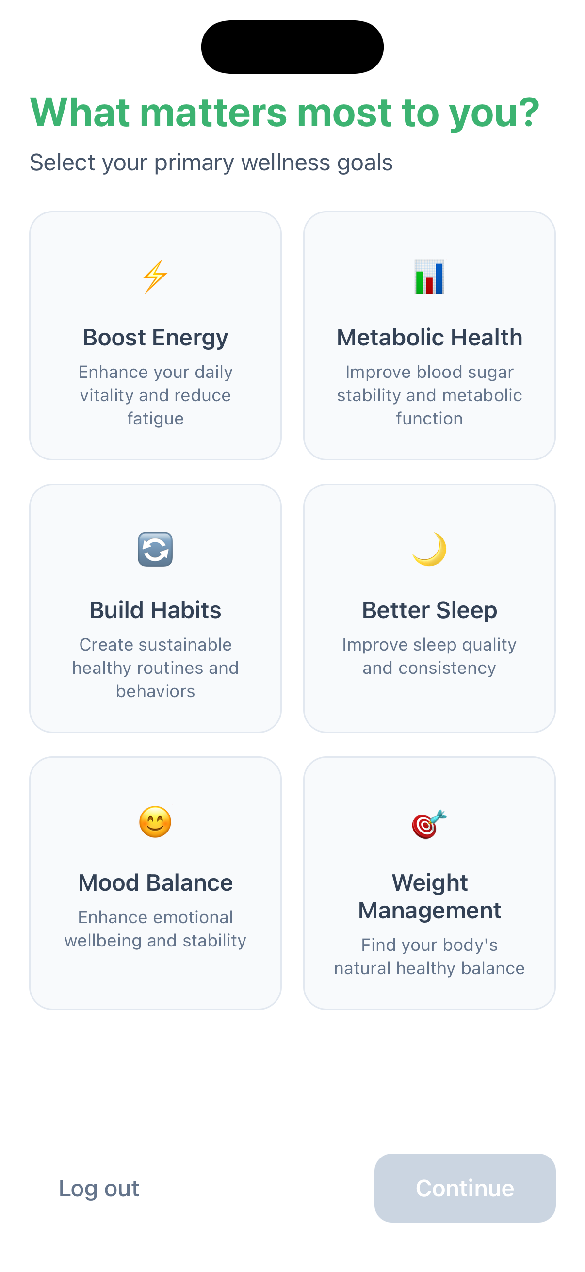 Goals selection screen