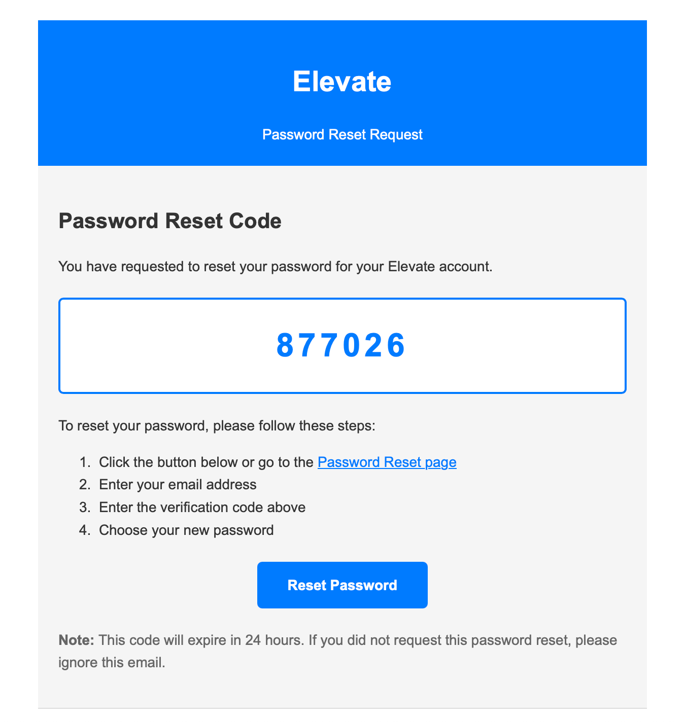 Example of the Elevate email verification code
