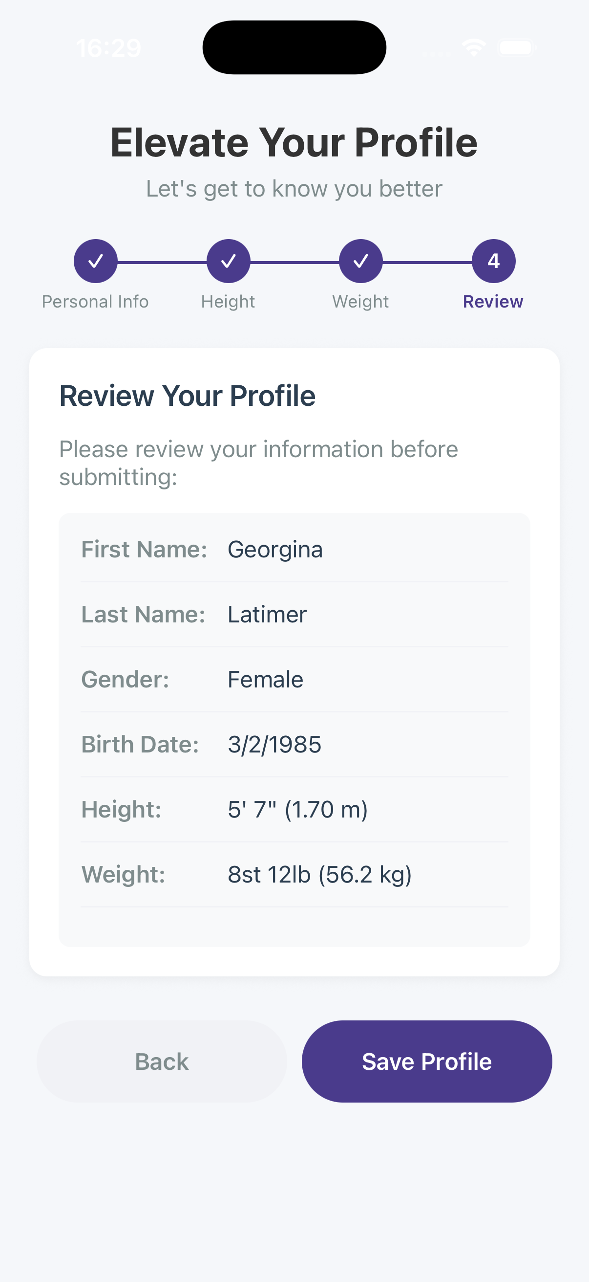 Profile review screen