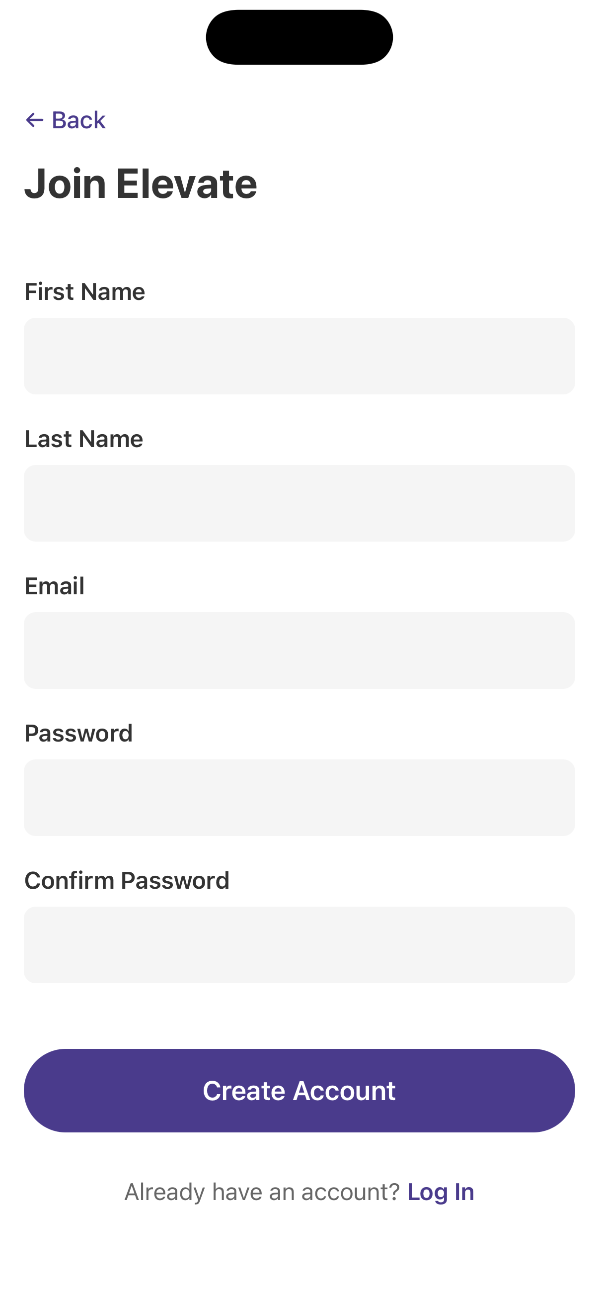 Elevate sign up screen