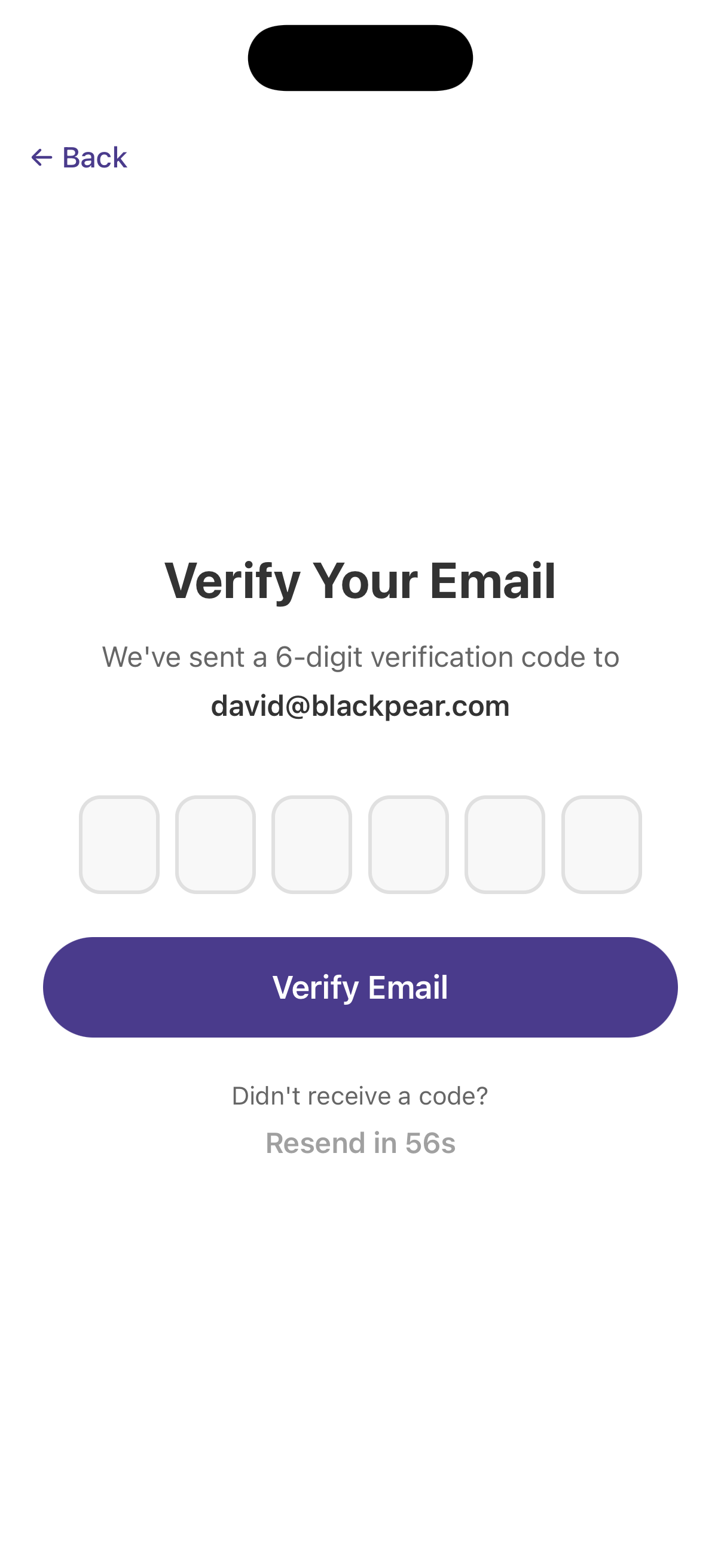 Verify email screen in Elevate