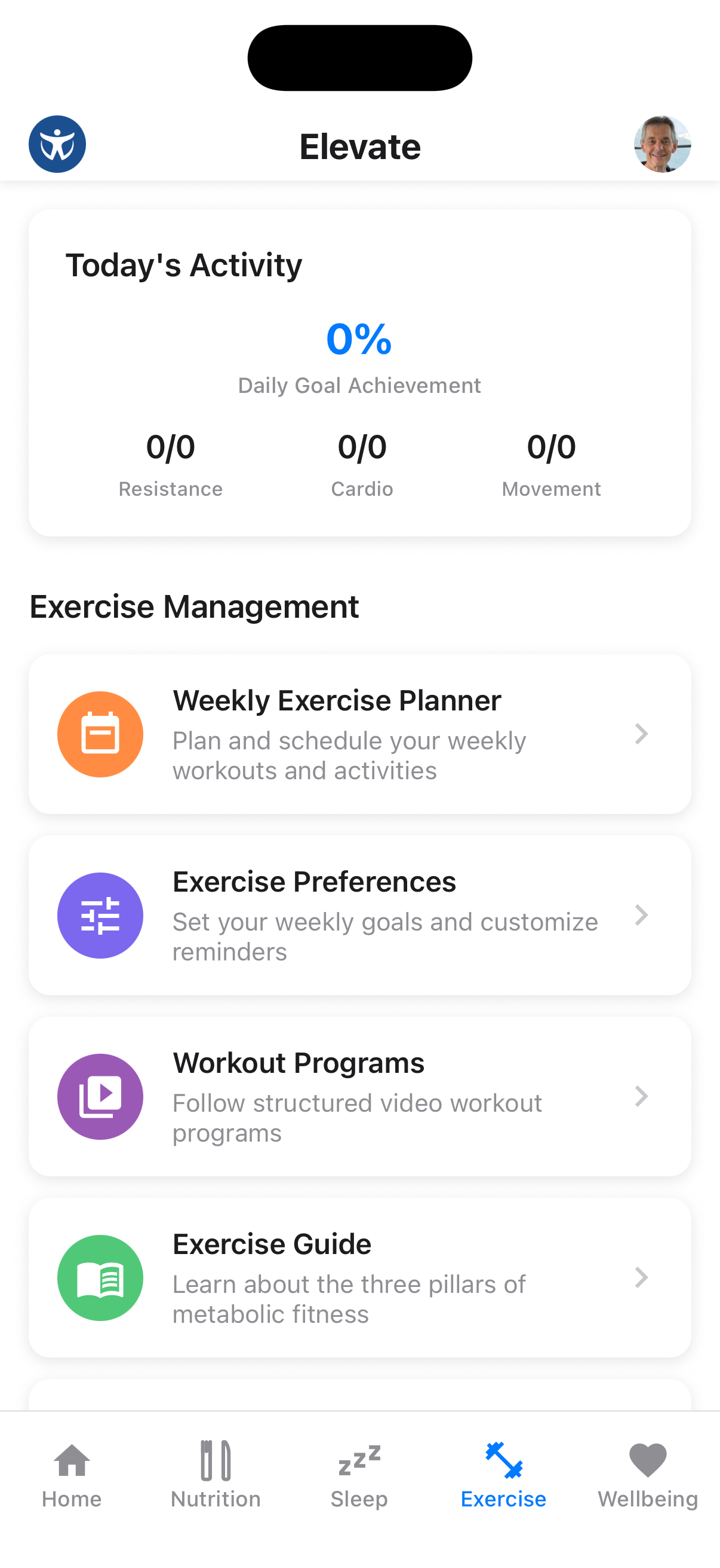 Exercise tab main screen showing fitness overview