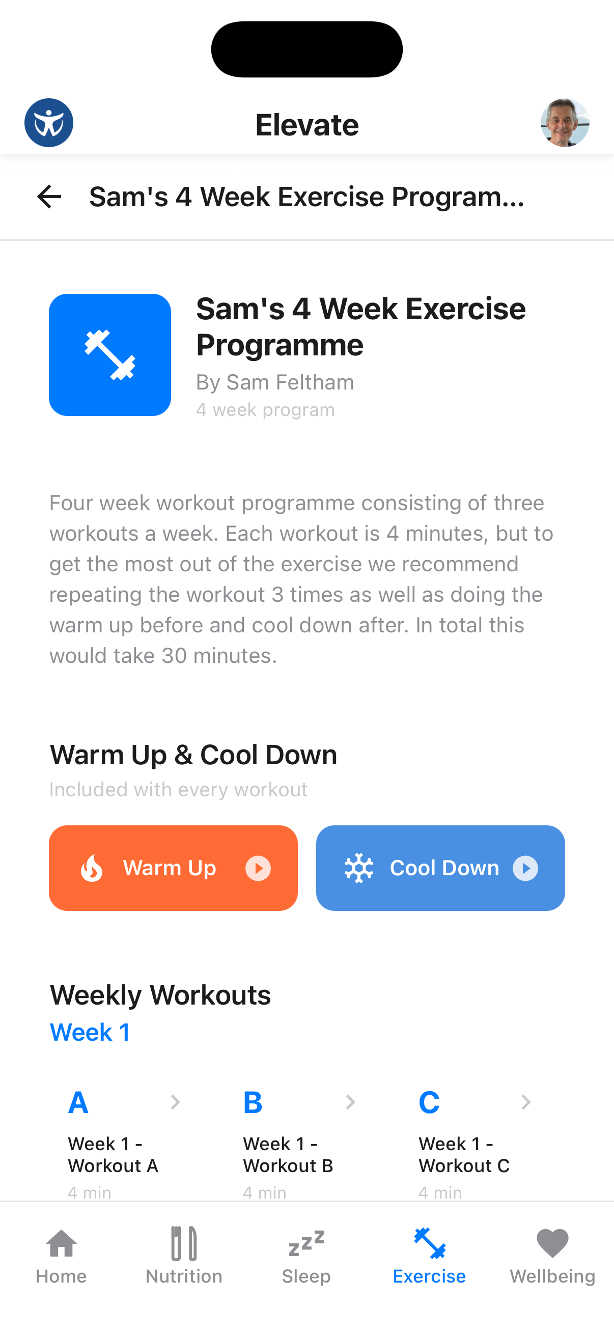 Program detail page with workout schedule