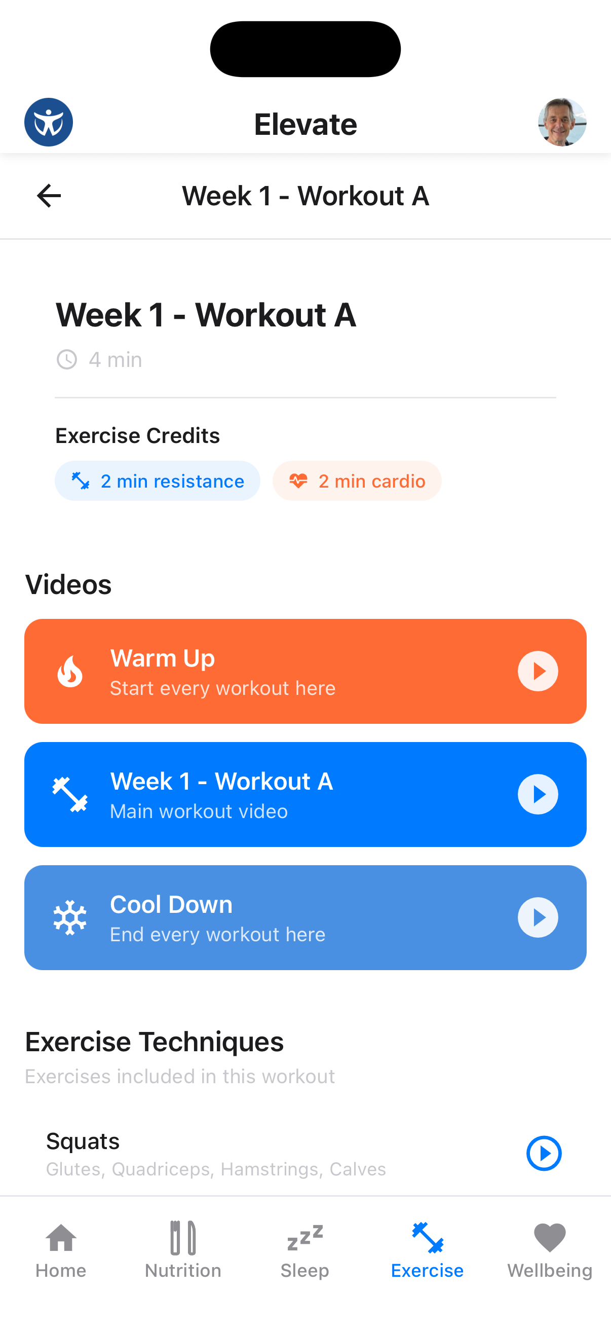 Workout detail with exercise list