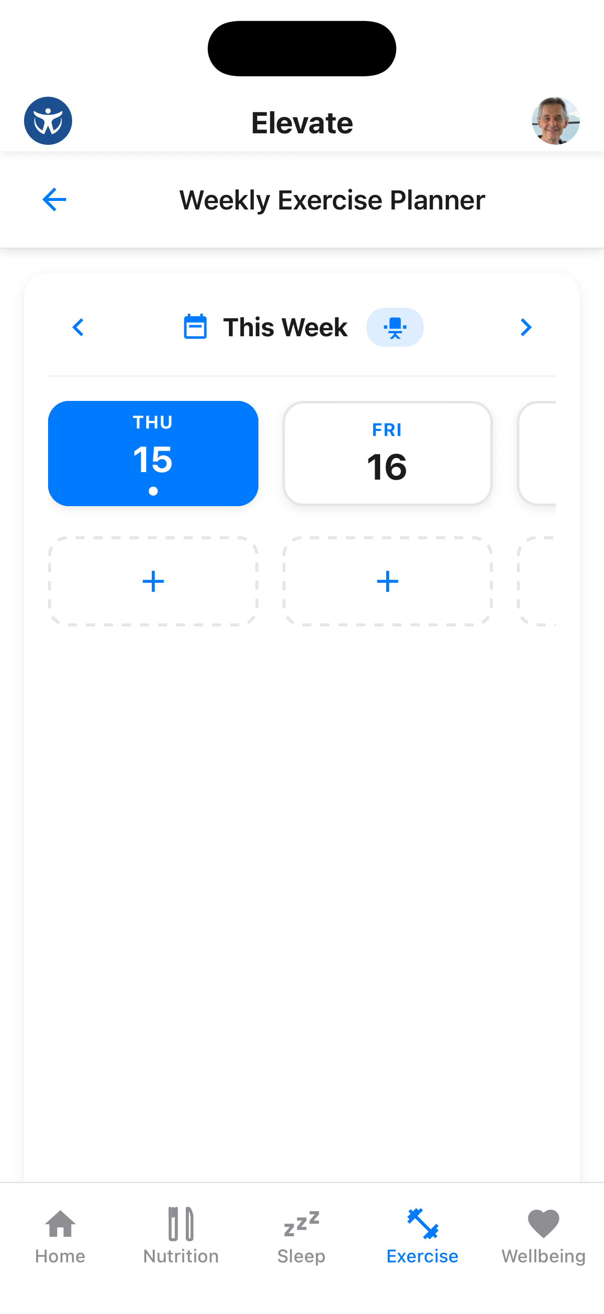 Weekly exercise planner view