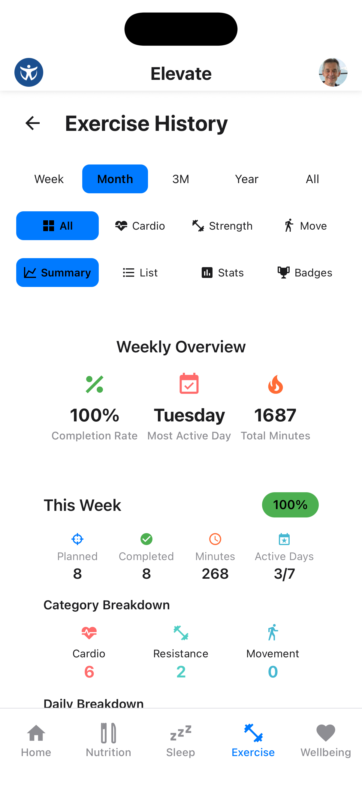 Exercise history showing completed workouts