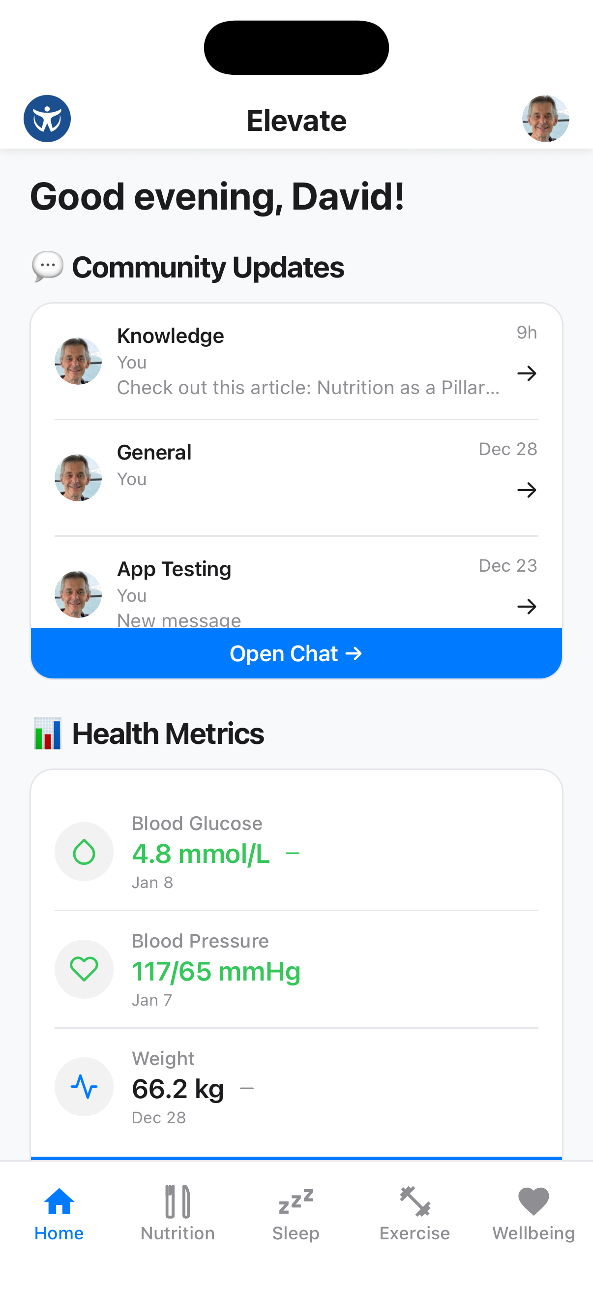 Home tab main screen showing daily overview