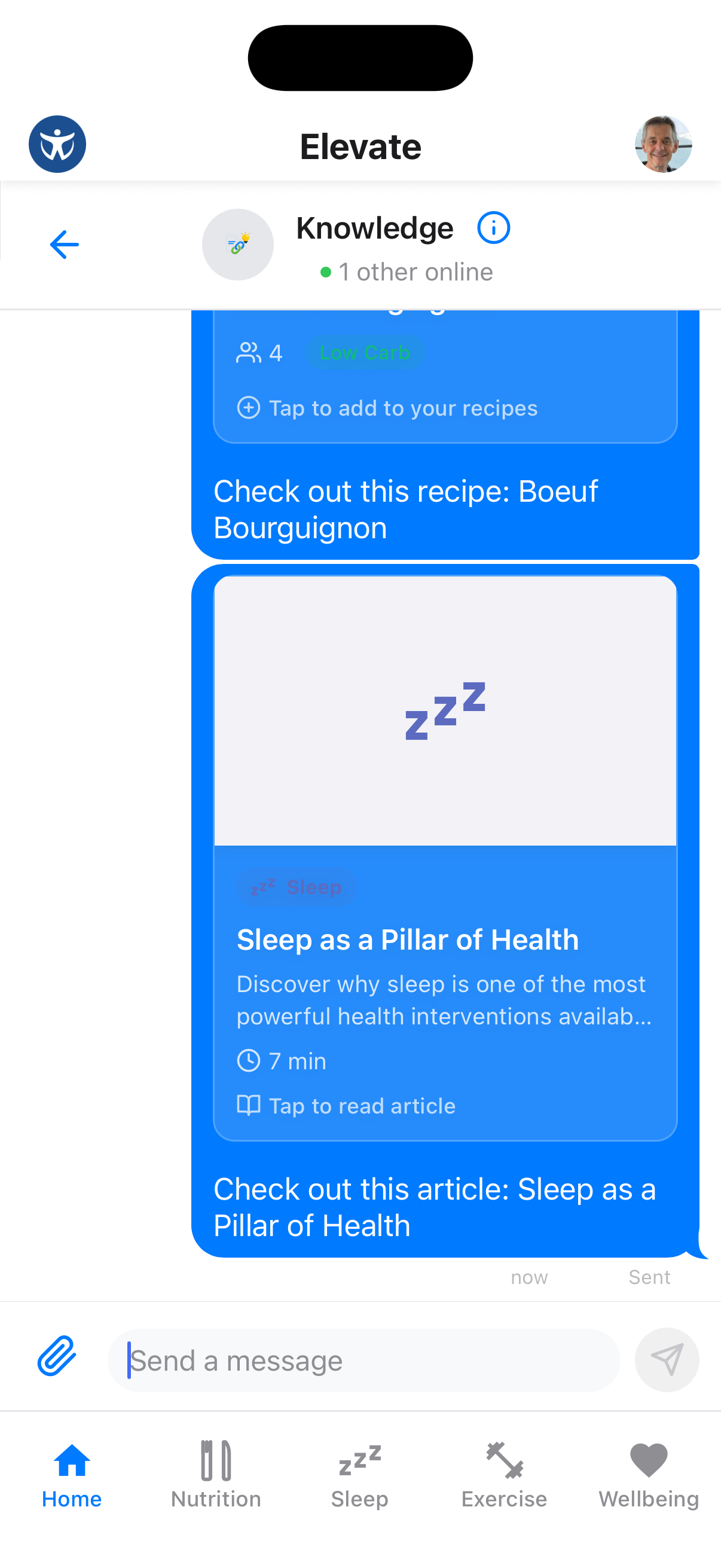 Shared article displayed in chat conversation