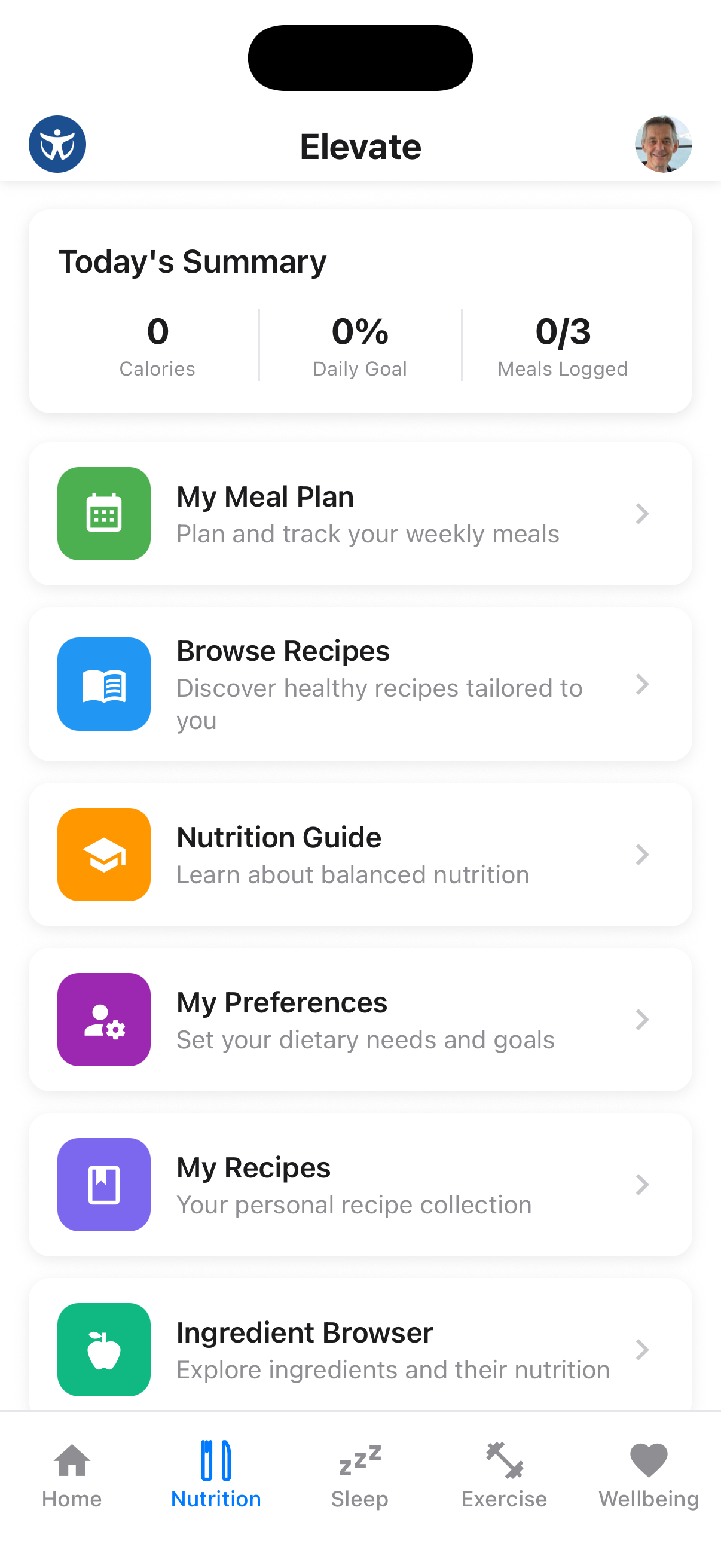 Nutrition tab main screen showing meal planning overview