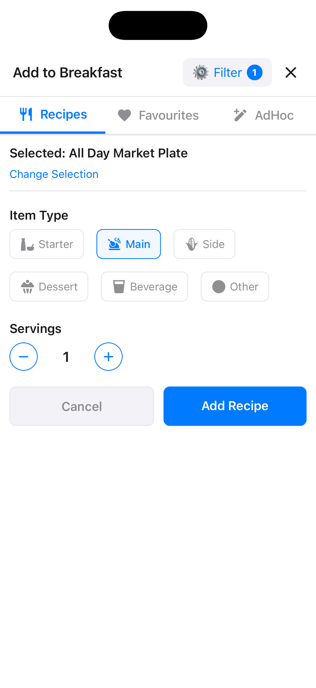 Adding a recipe to the meal plan