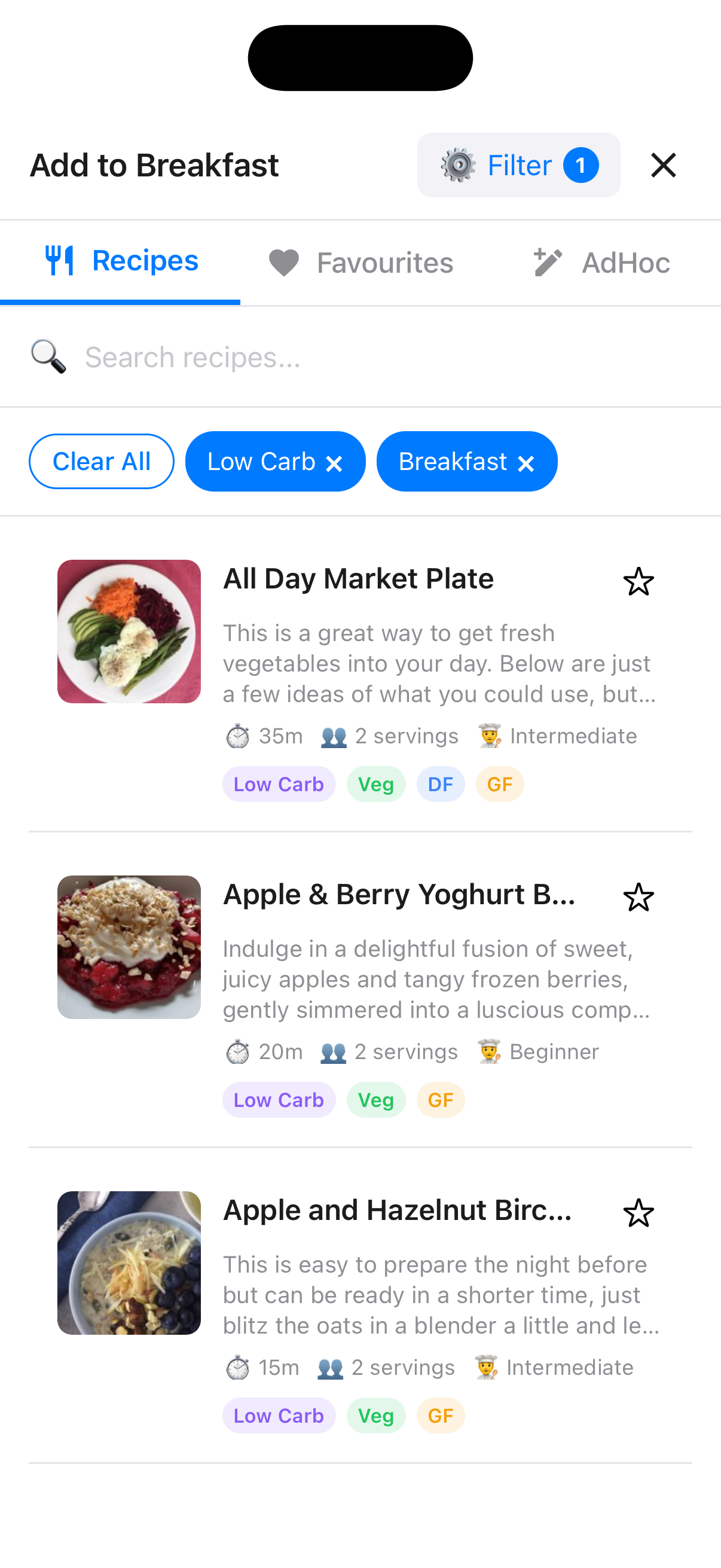 Add meal screen showing Recipes, Favourites, and AdHoc tabs