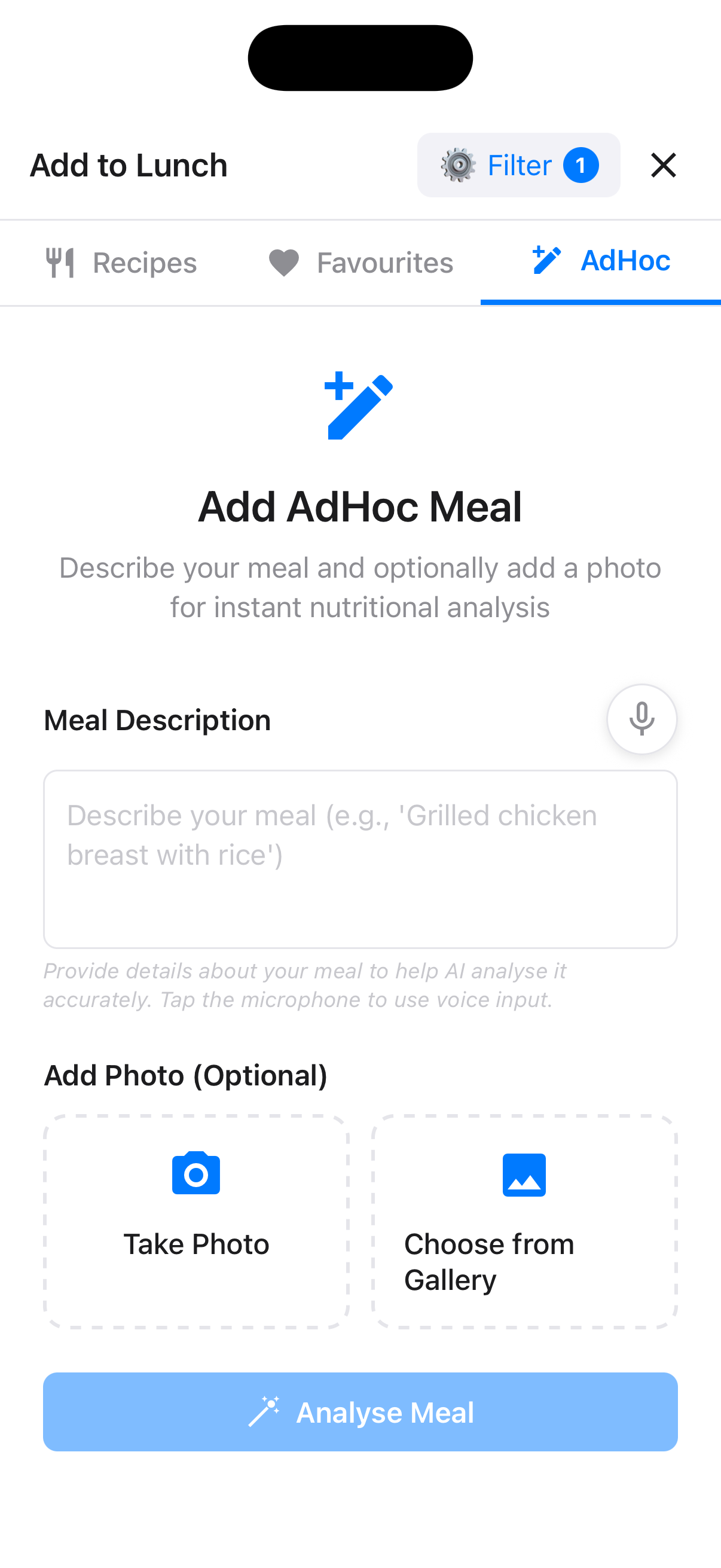 Entering meal details with photo and description