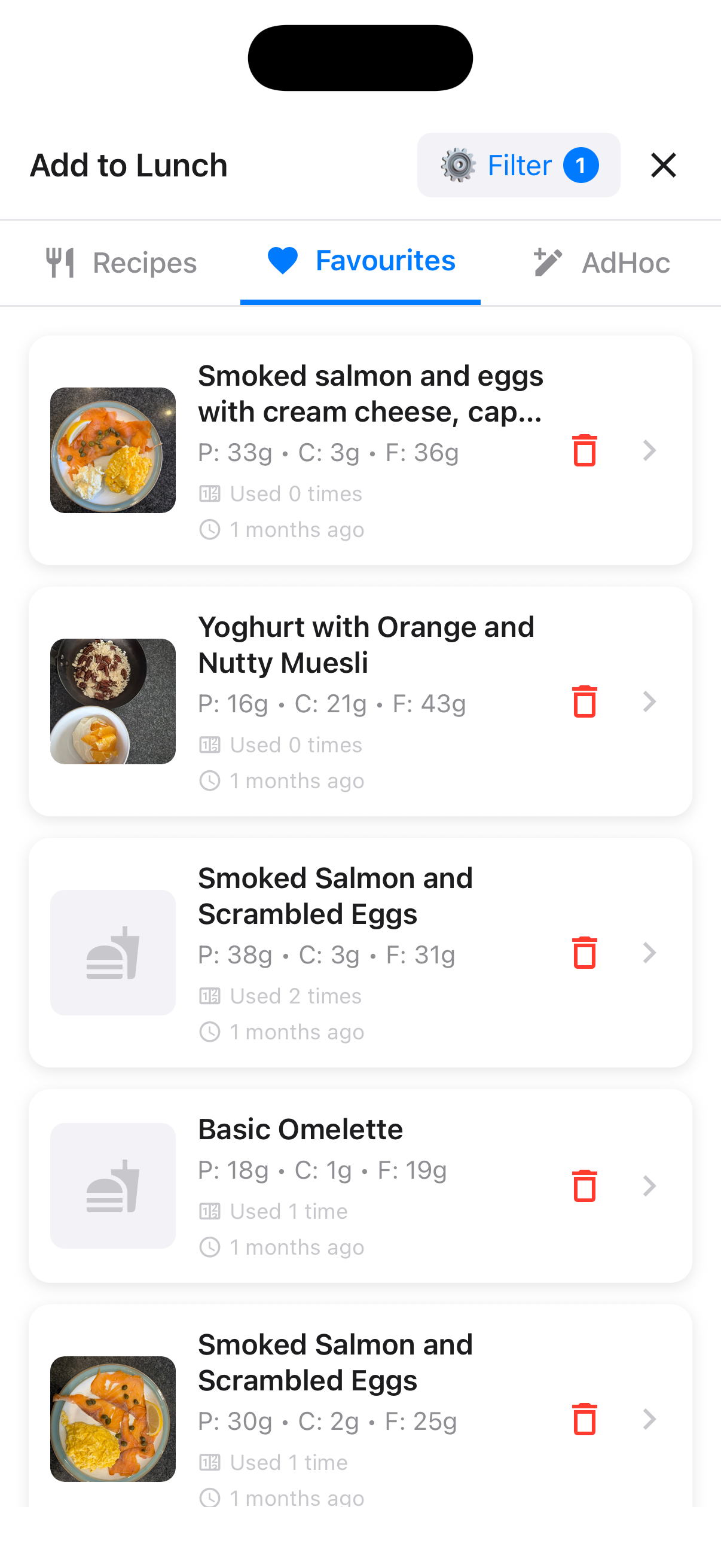 Favorites list showing saved meals