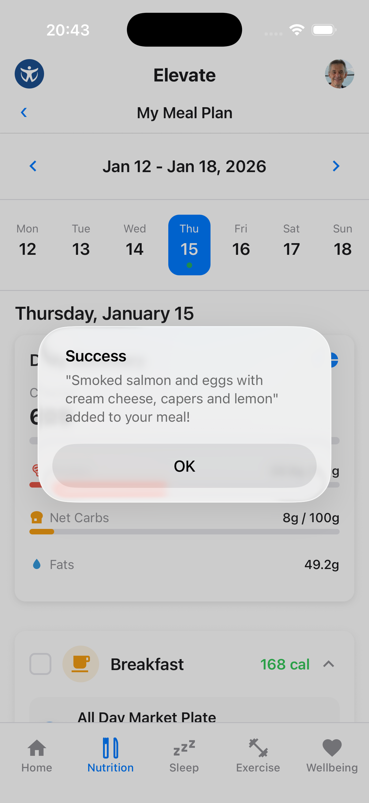 Adding a meal from favorites