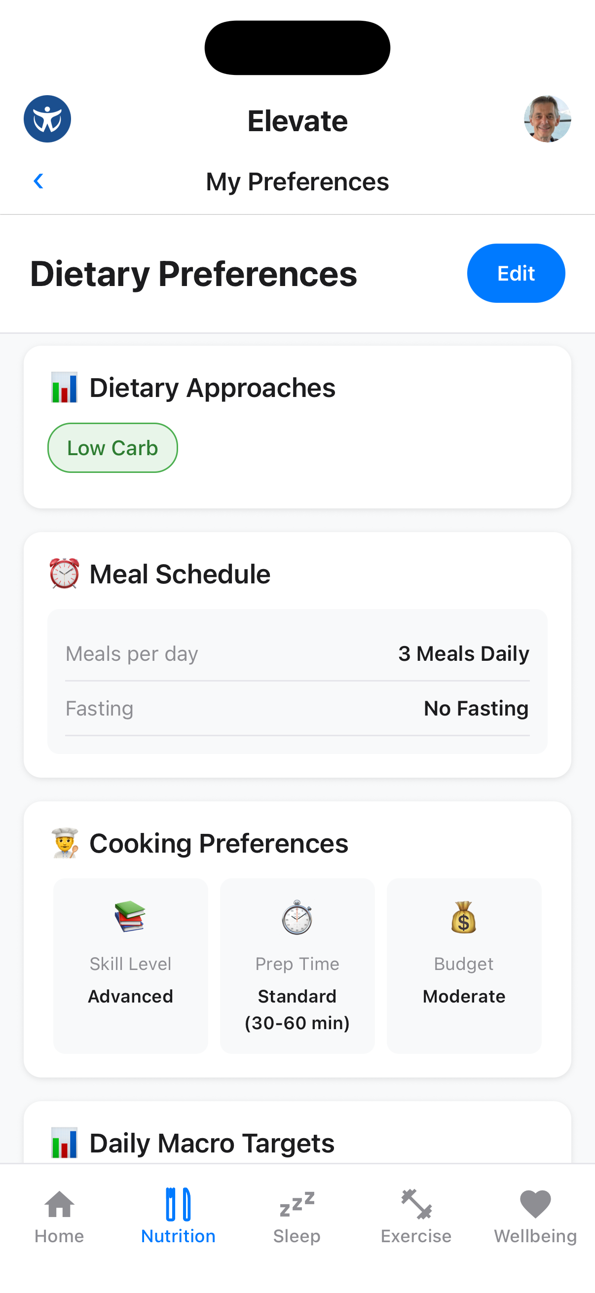 Nutritional preferences settings