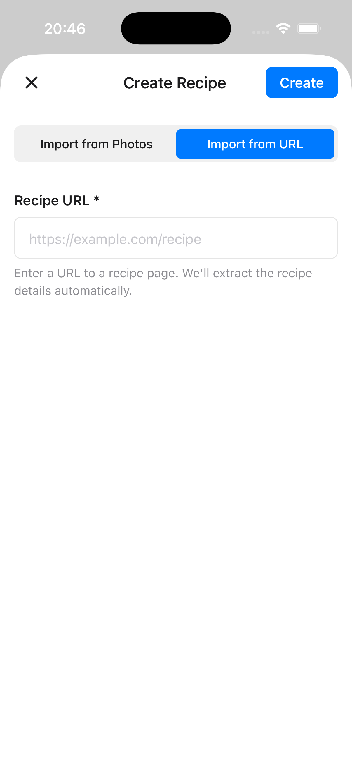 URL input screen for importing a recipe