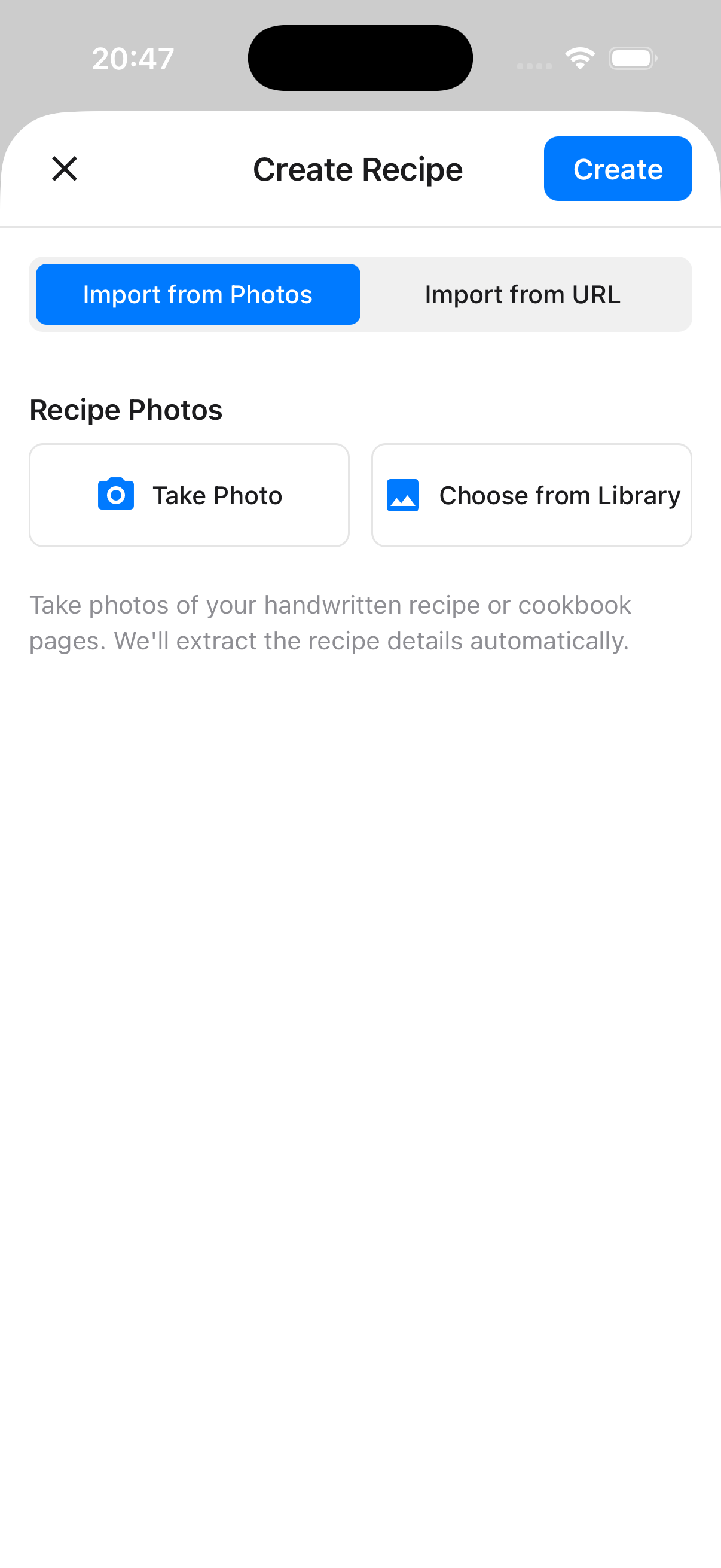 Photo import option for adding recipes