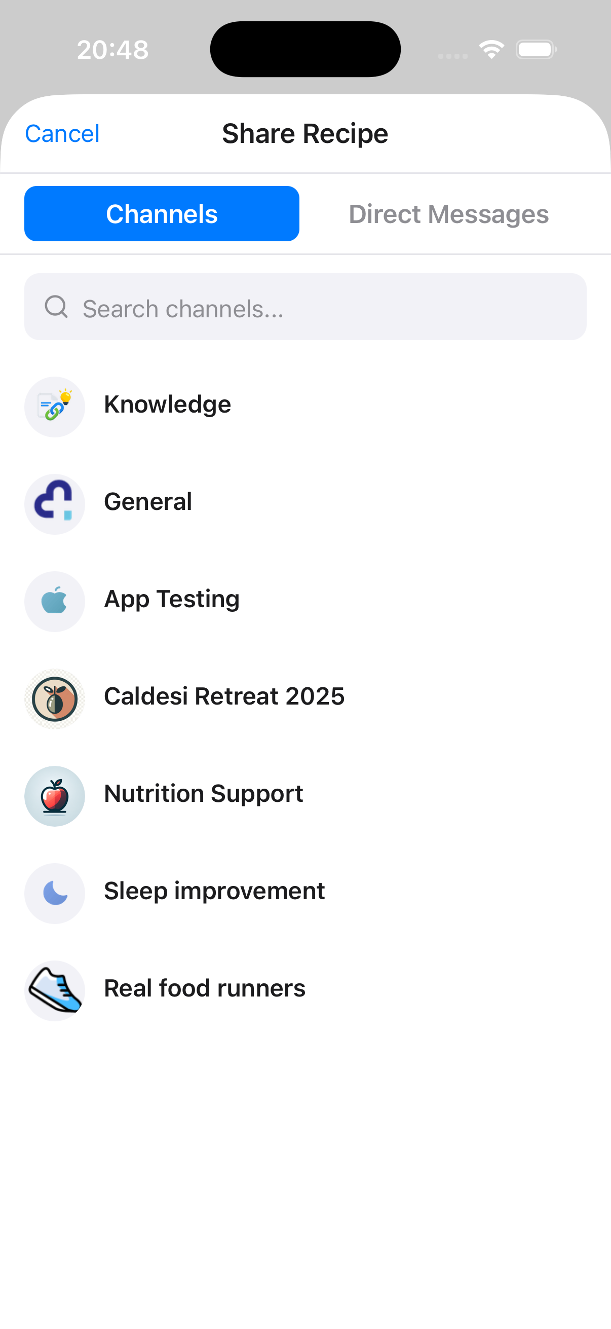 Share recipe screen showing channels and direct messages
