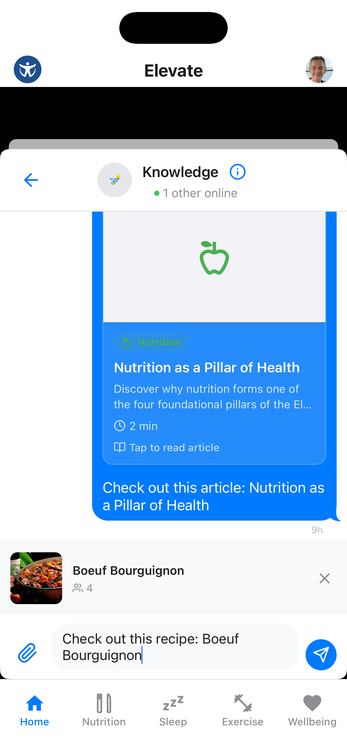 Selecting a chat channel to share the recipe