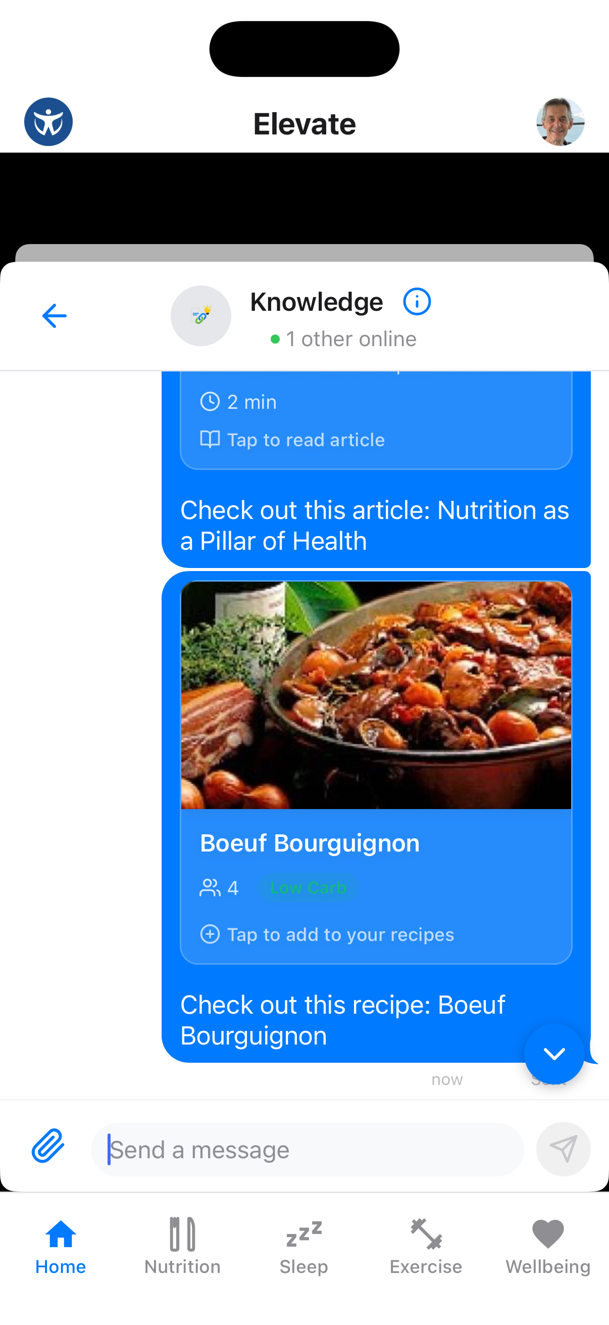 Shared recipe displayed in chat conversation