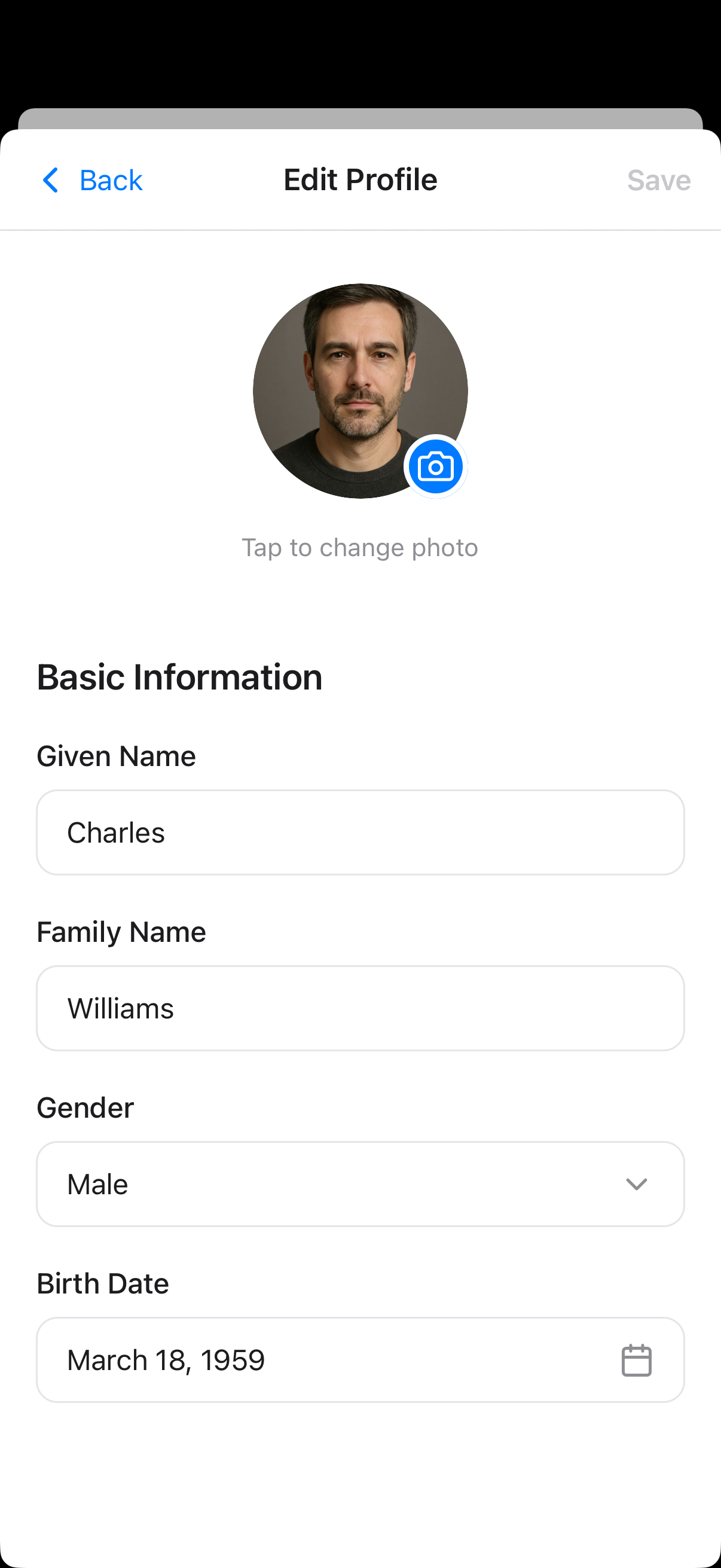 Edit profile screen with personal information fields