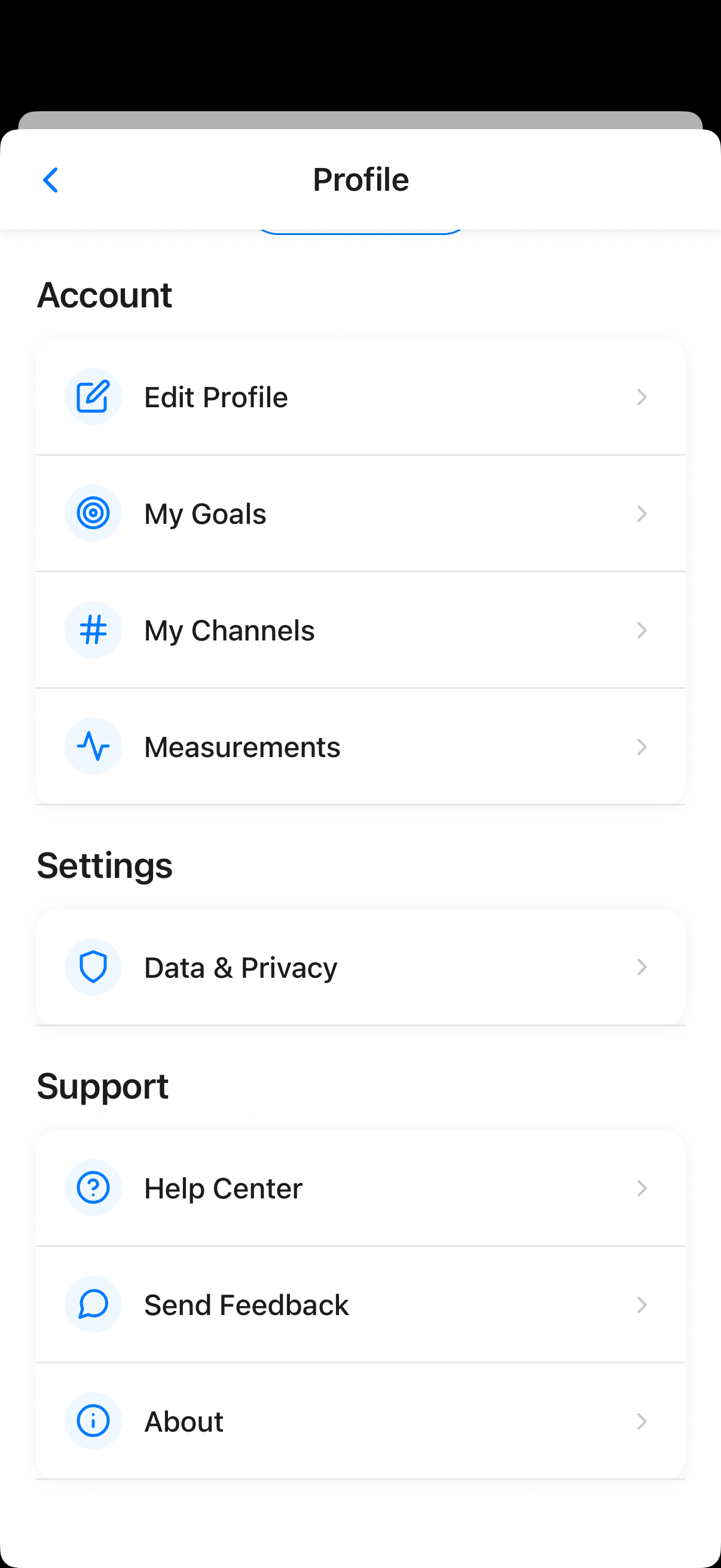 Measurements screen with height and weight settings