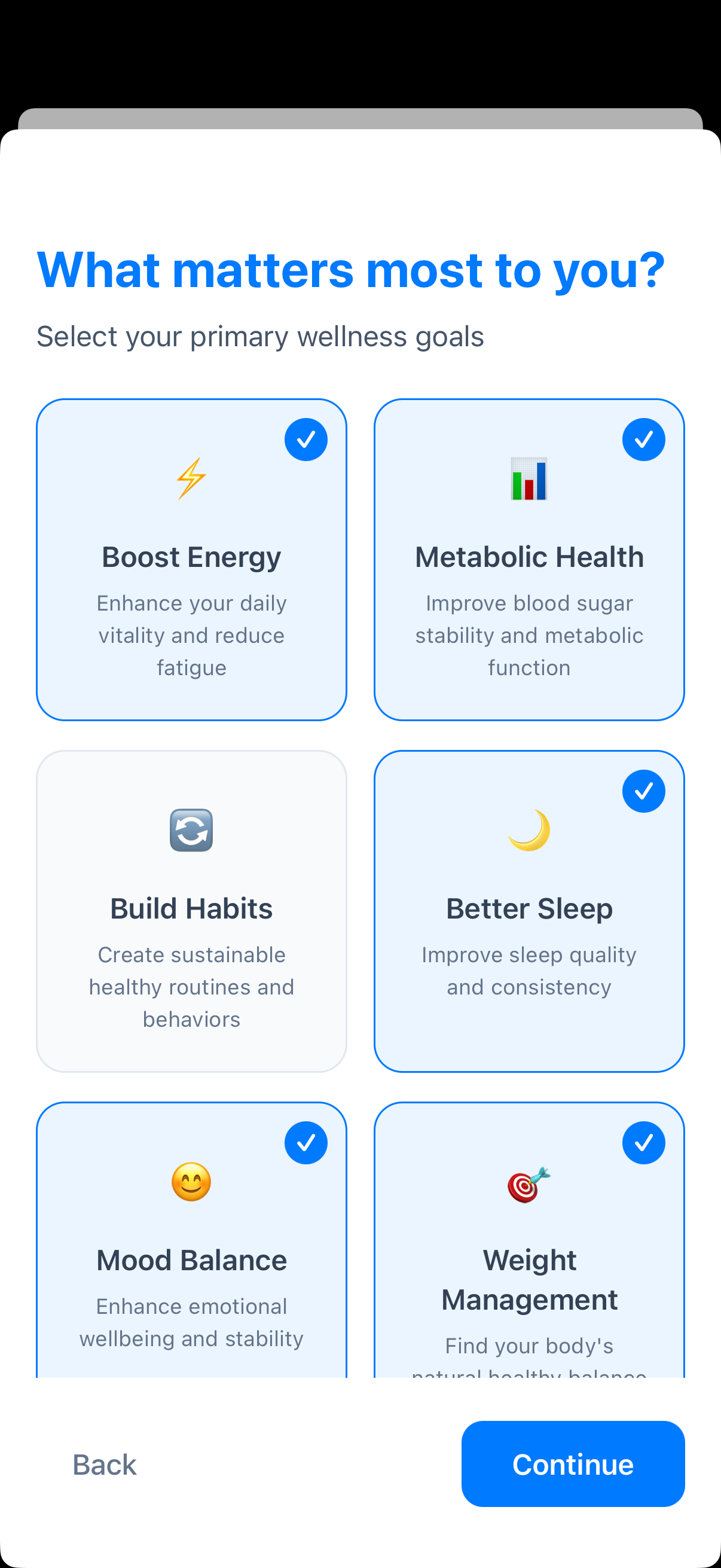My Goals screen showing wellness goal selection