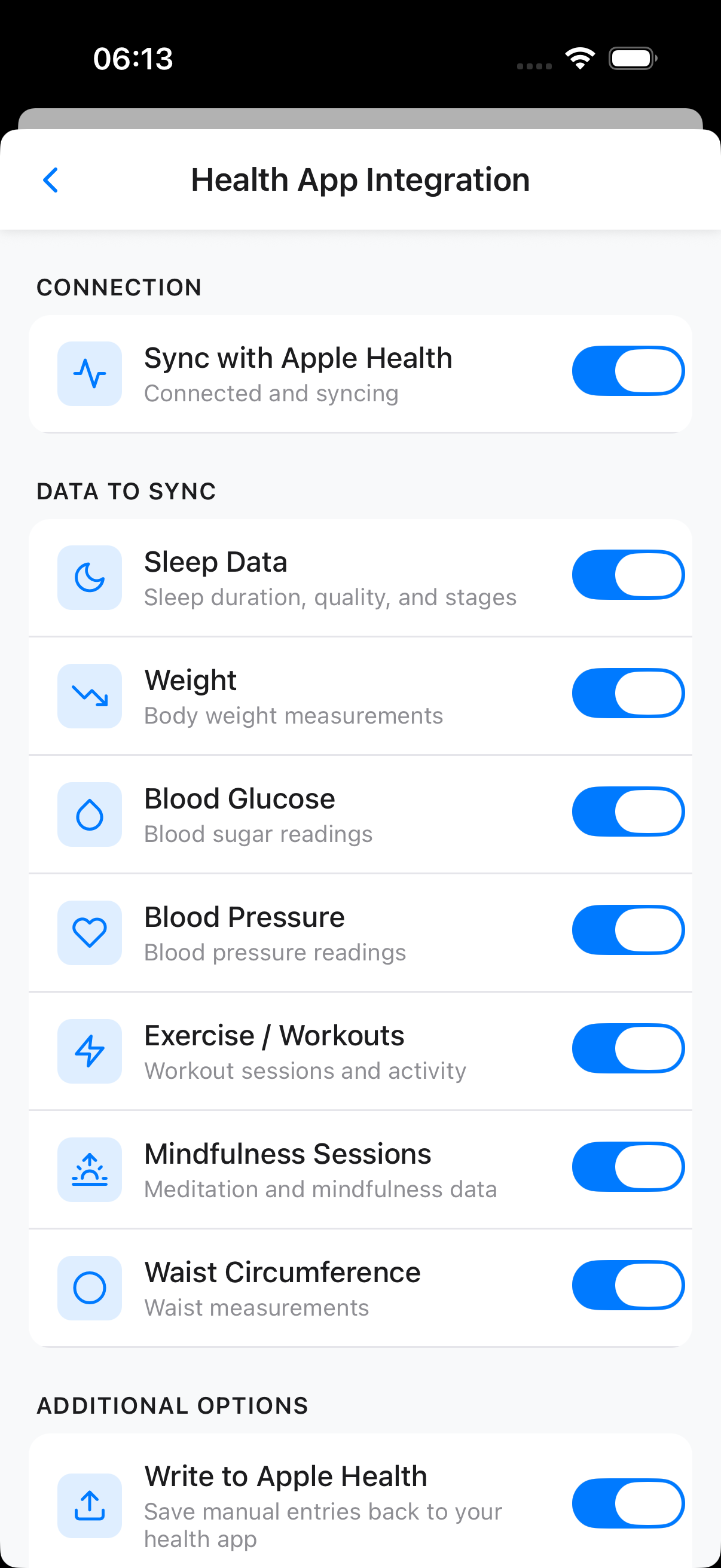 Health App Integration screen showing sync options