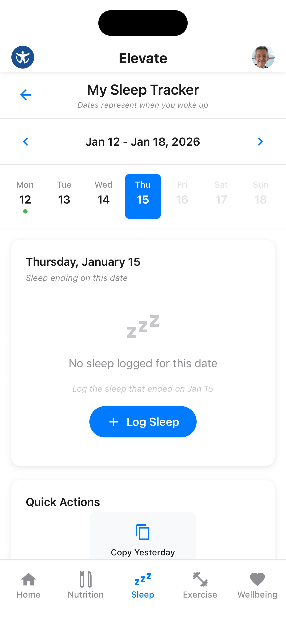 Sleep tracker dashboard with recent data