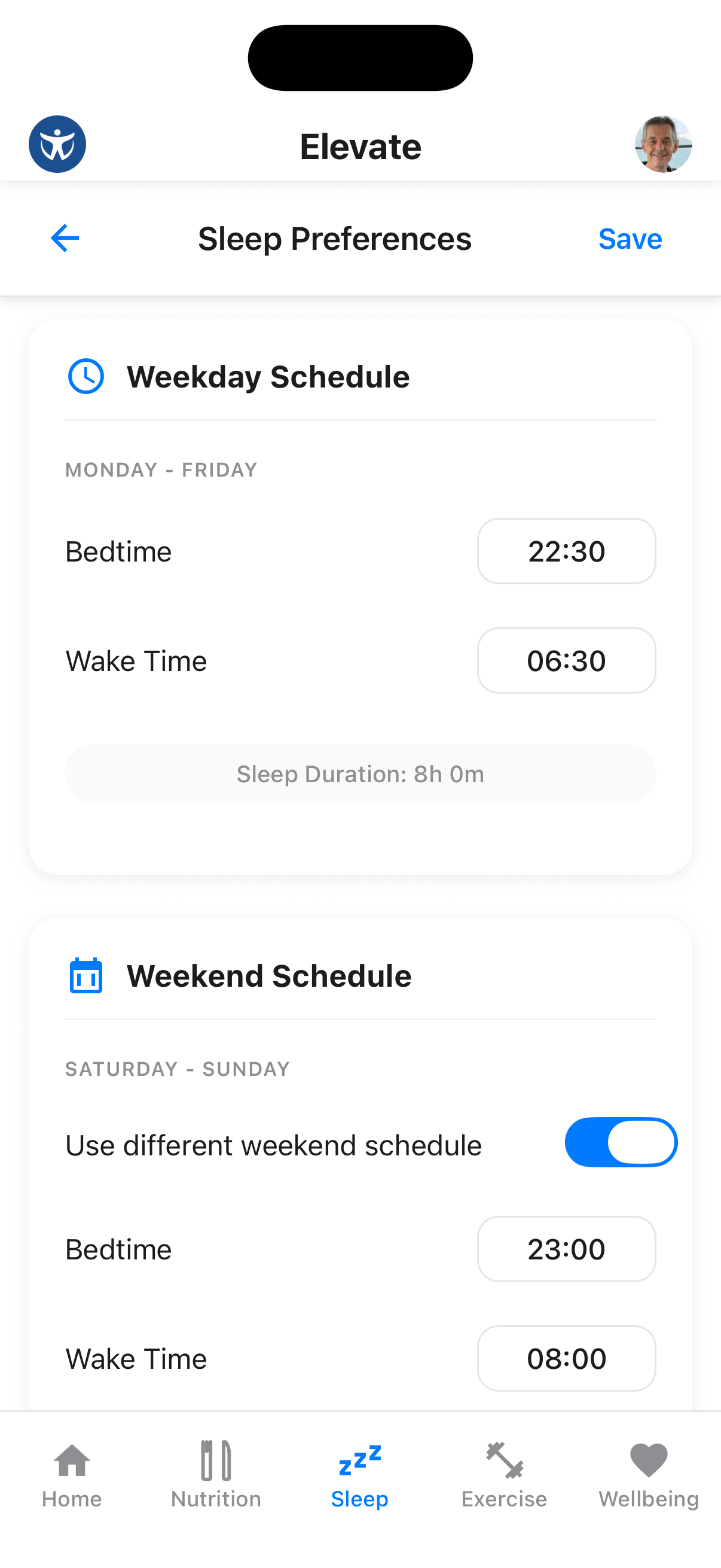 Sleep preferences and settings
