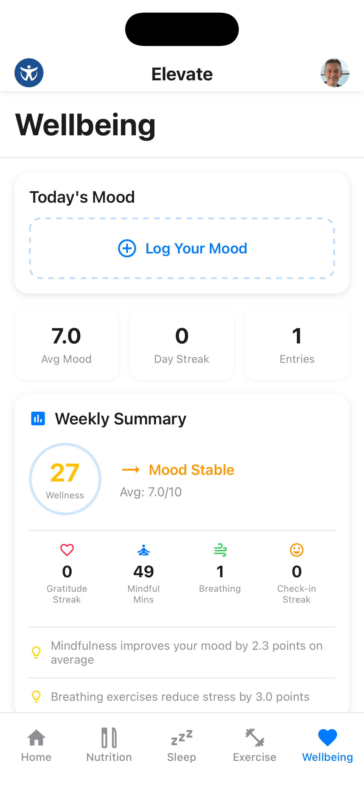 Wellbeing tab main screen showing wellness features