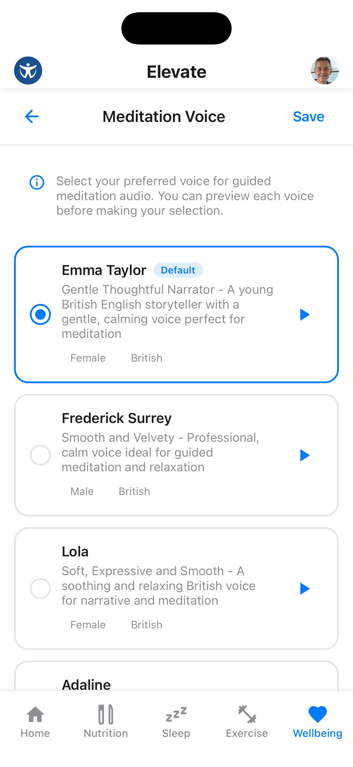 Voice selection for guided meditations