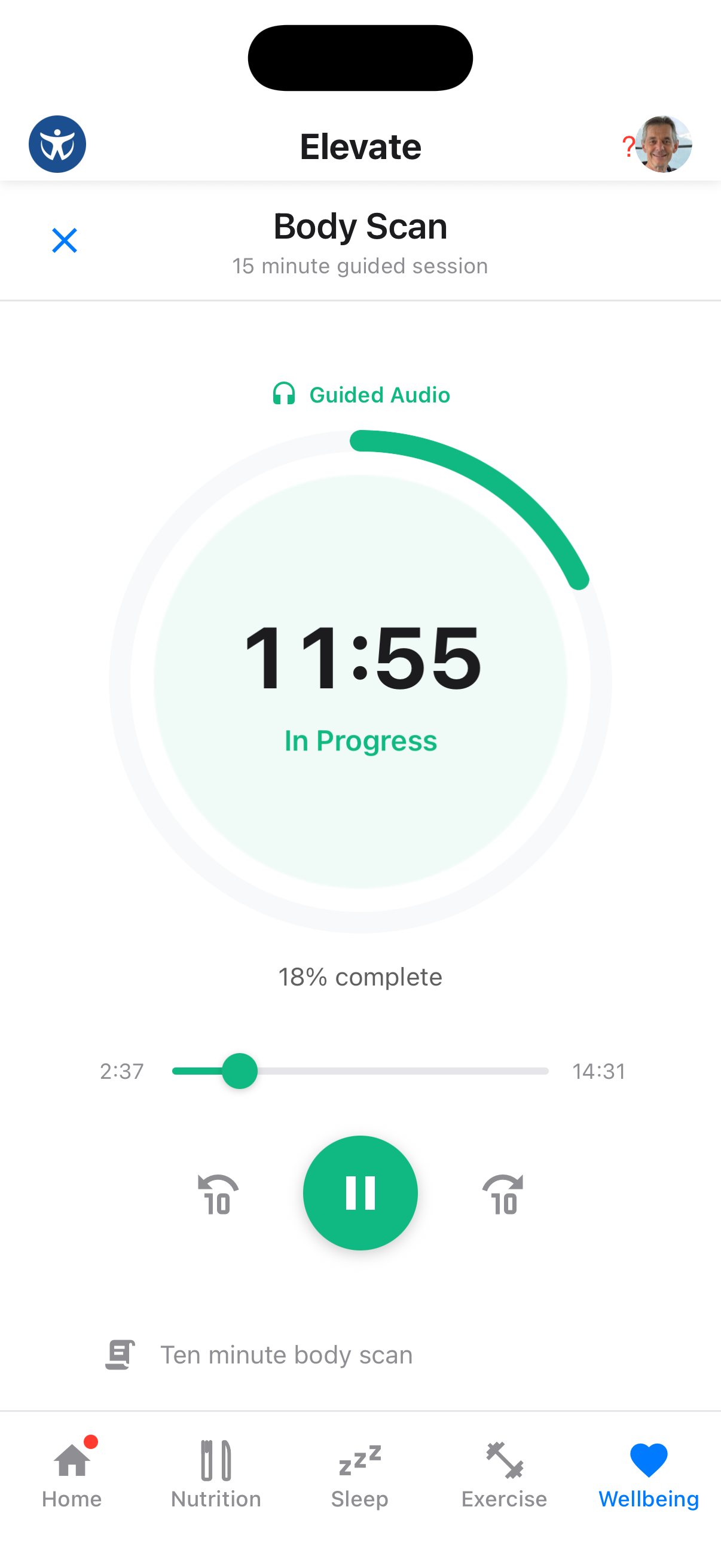 Meditation session playing with audio controls