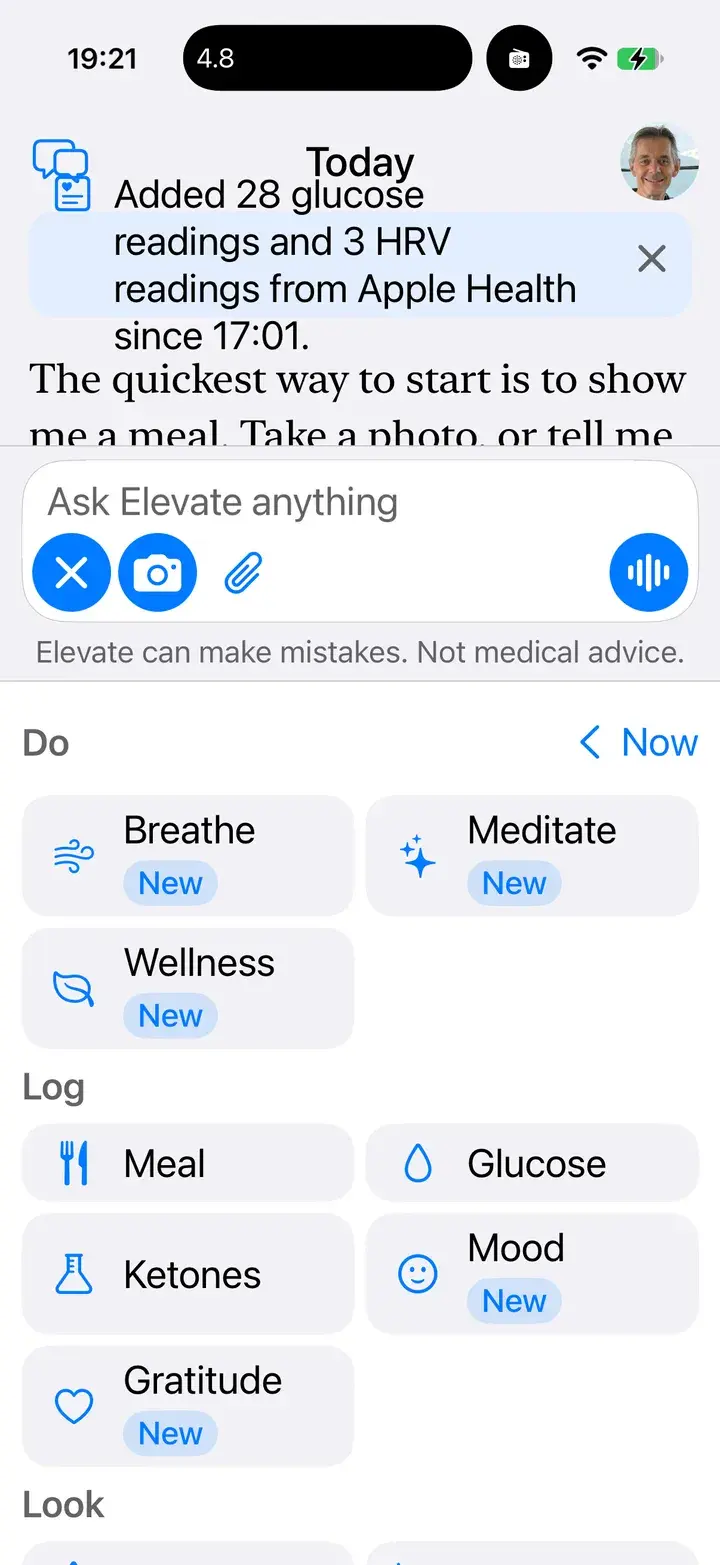 The shortcut tray under the chat: Do (Breathe, Meditate, Wellness) and Log (Meal, Glucose, Ketones, Mood, Gratitude).