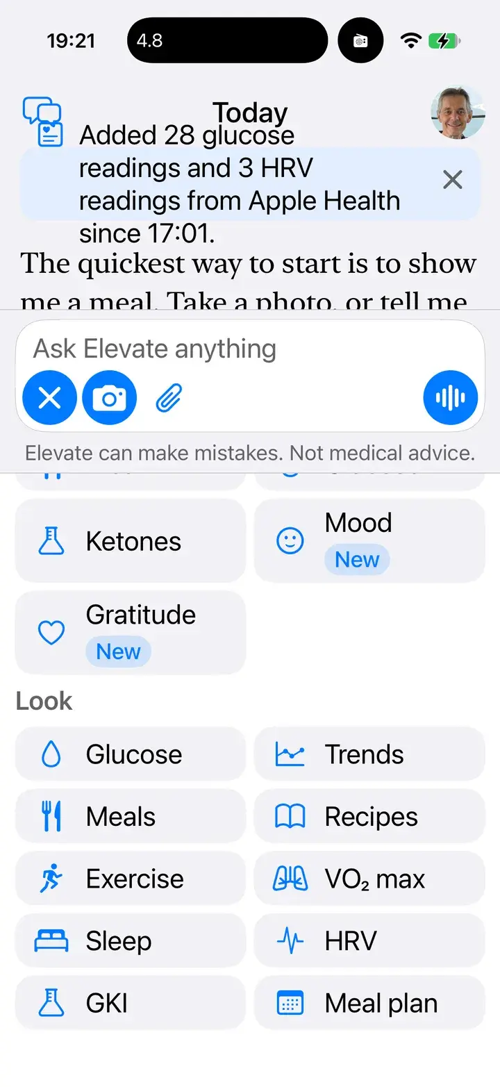All shortcuts, Look: Glucose, Trends, Meals, Recipes, Exercise, VO2 max, Sleep, HRV, GKI and Meal plan.
