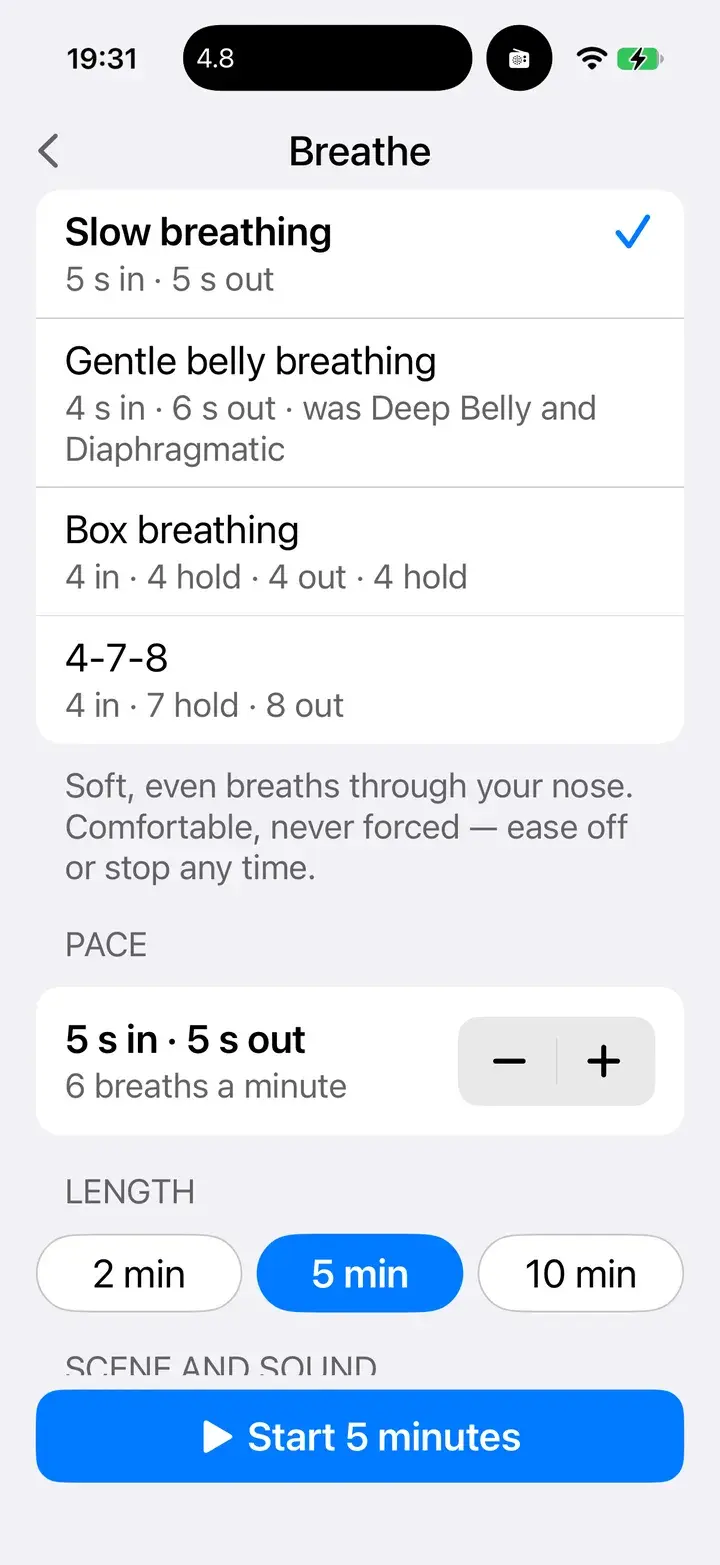Breathe setup: choose a pattern such as slow, belly, box or 4-7-8, and a length.
