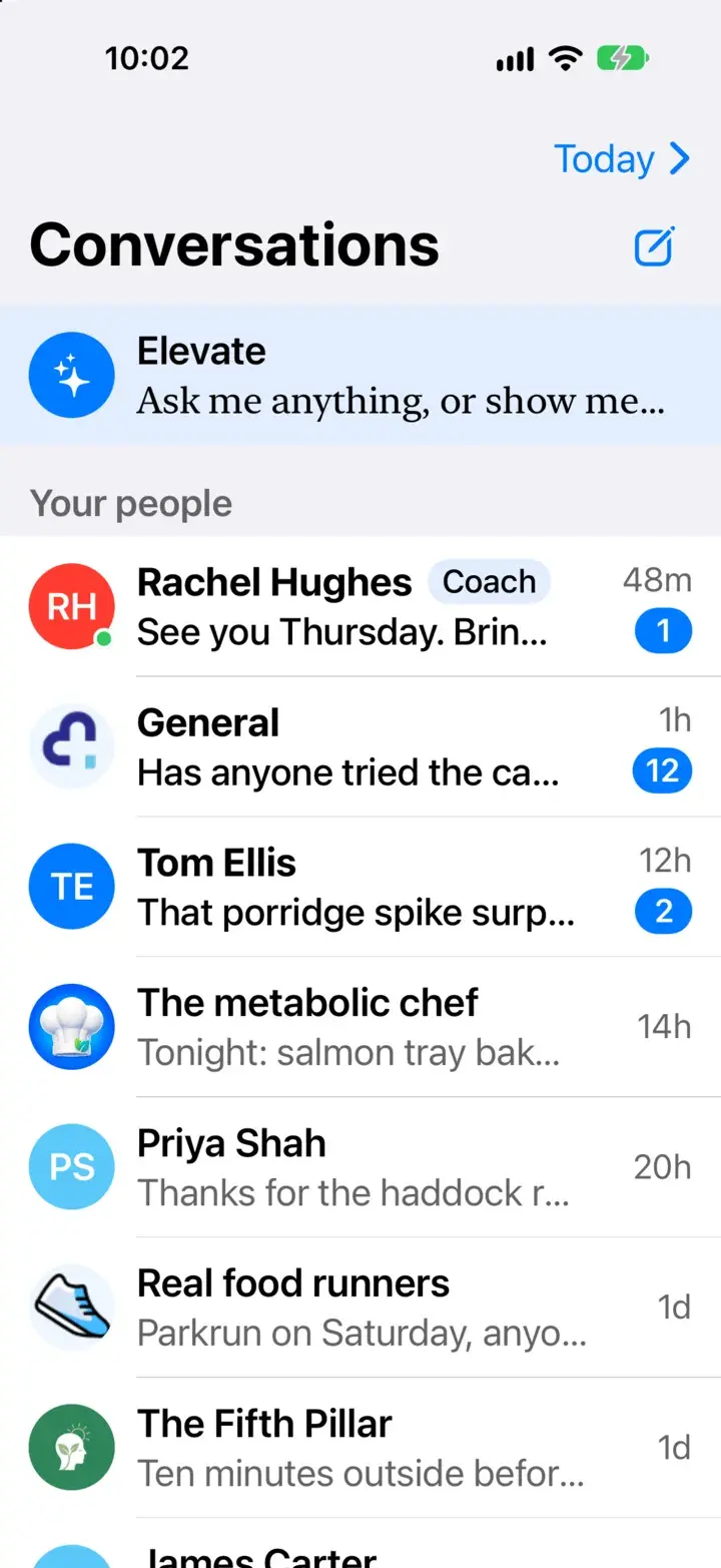 Conversations: Elevate pinned at the top, then your people — a coach, community groups such as General, The metabolic chef and Real food runners, and direct messages, mixed by most recent.