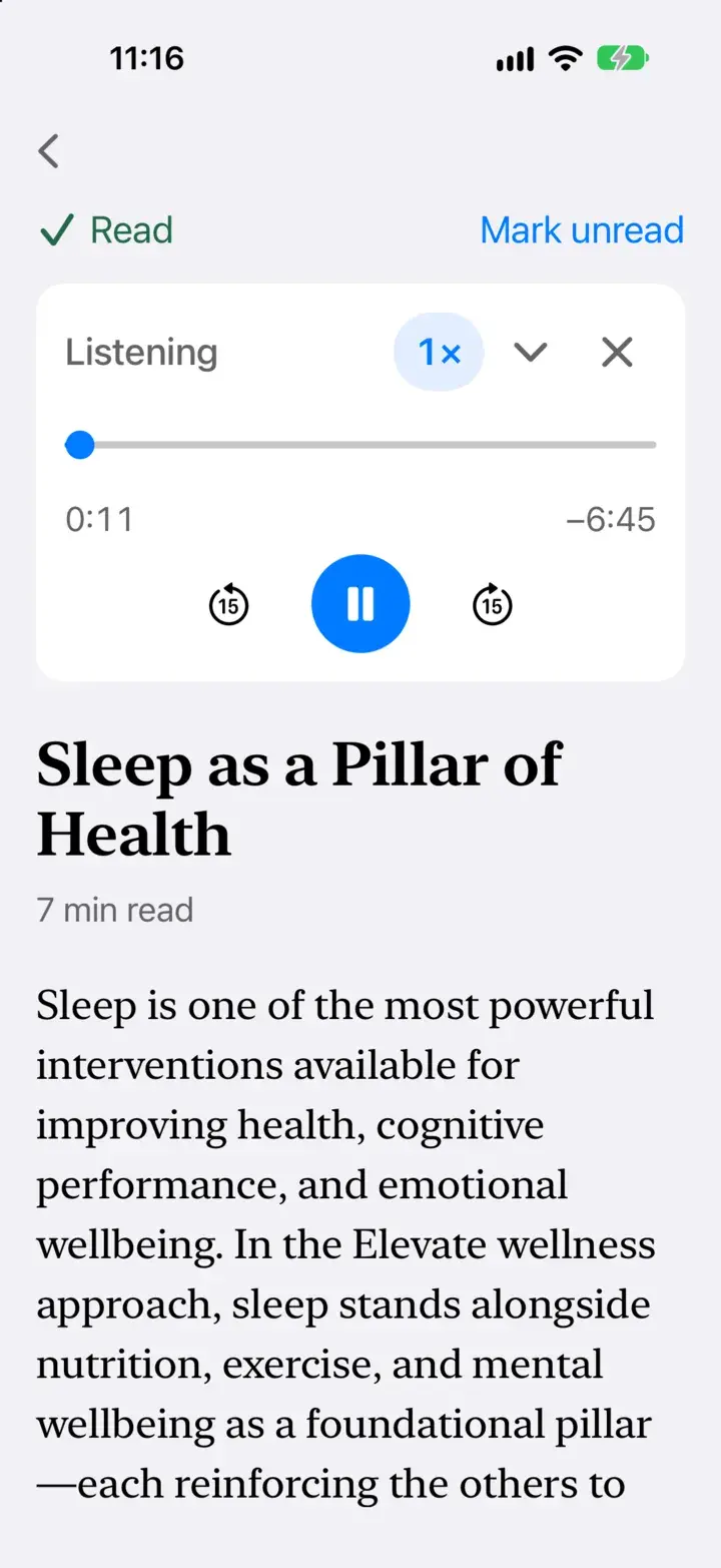 The article Sleep as a Pillar of Health with its narration playing: 1× speed, 15-second skips, 7 minutes long.