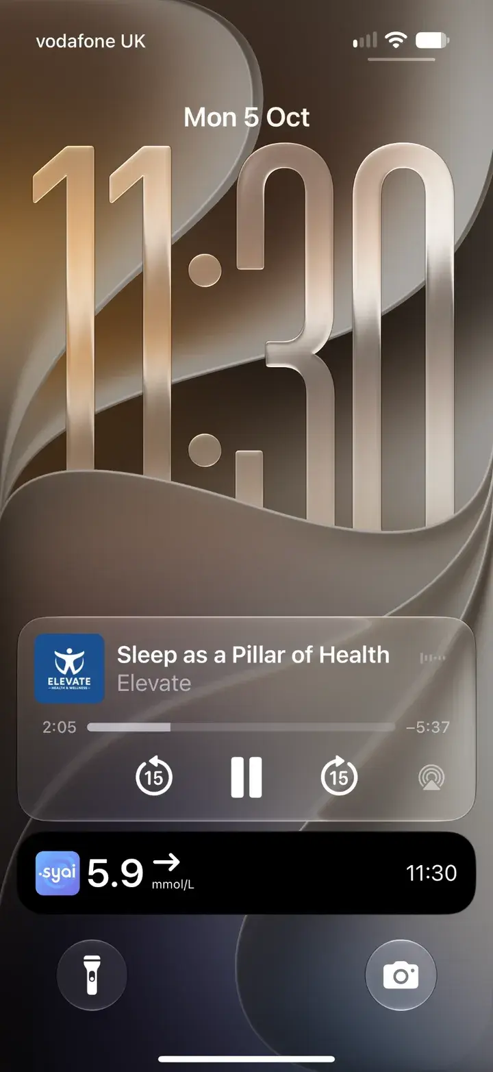 An iPhone lock screen playing Sleep as a Pillar of Health from Elevate, with the Elevate artwork, progress and playback controls.