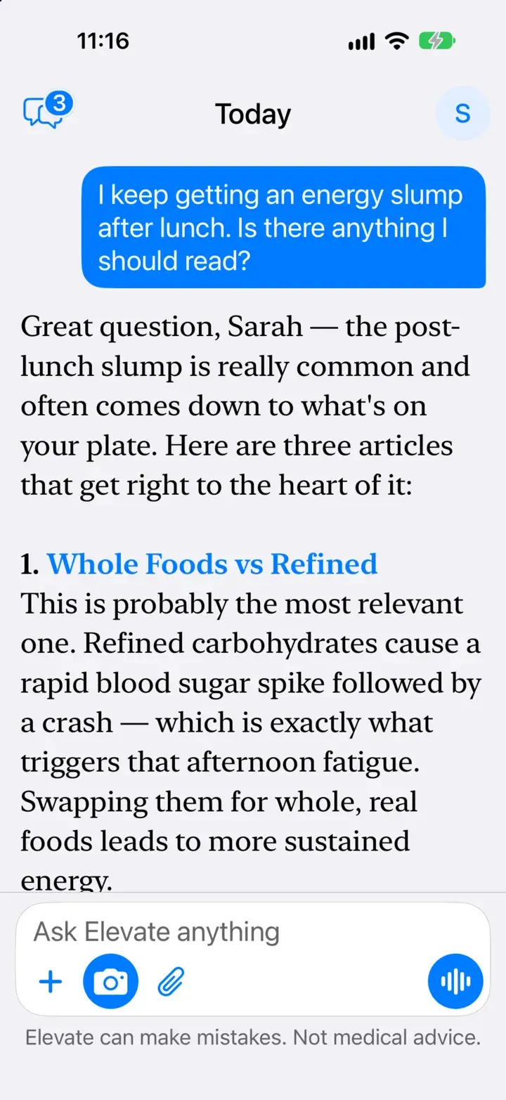 Elevate answering a question about the post-lunch energy slump with three linked articles, starting with Whole Foods vs Refined.