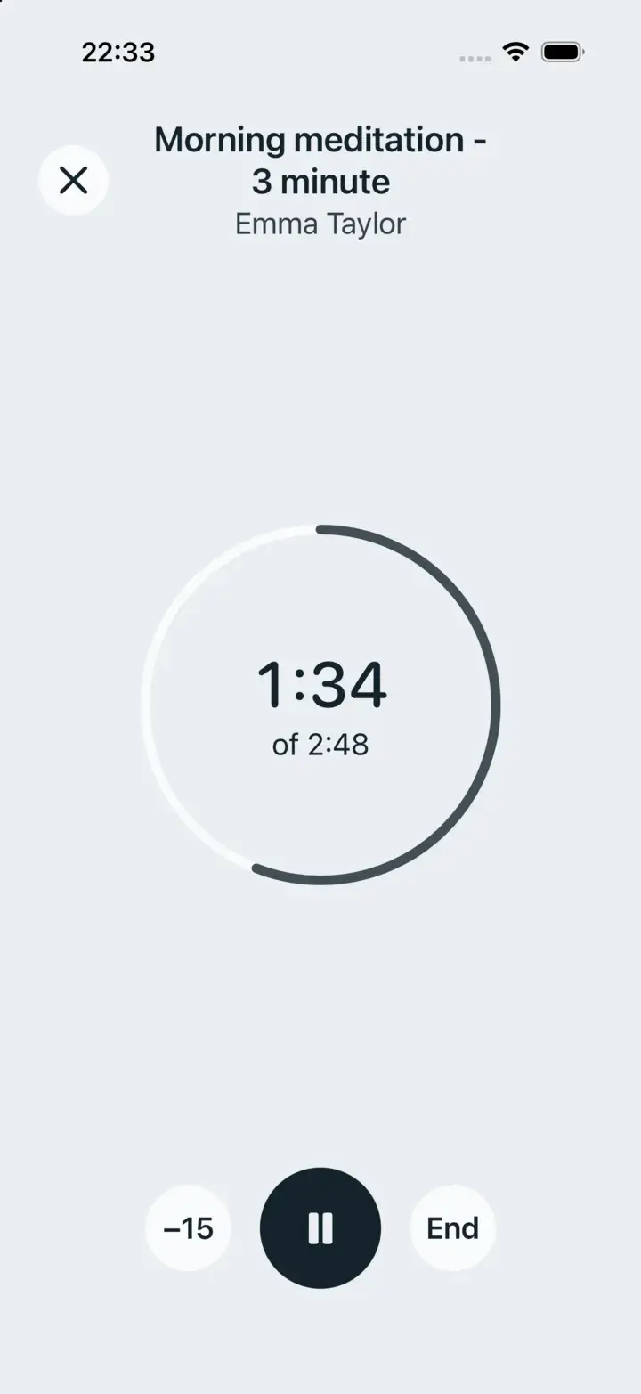 A three-minute morning meditation in progress, 1:34 of 2:48.