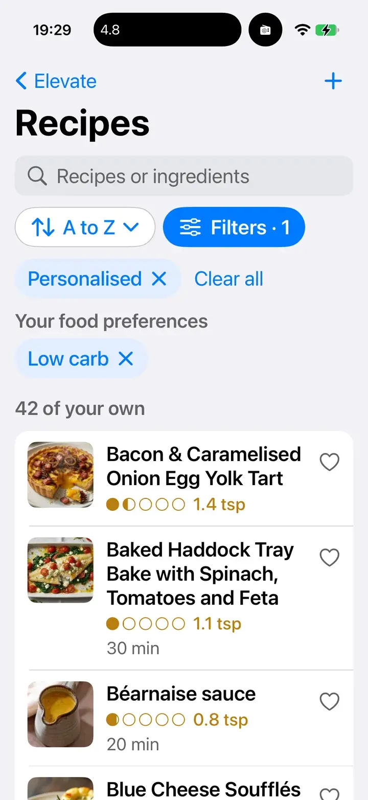 Recipes personalised to a low-carb preference, each with its sugar equivalent and time.