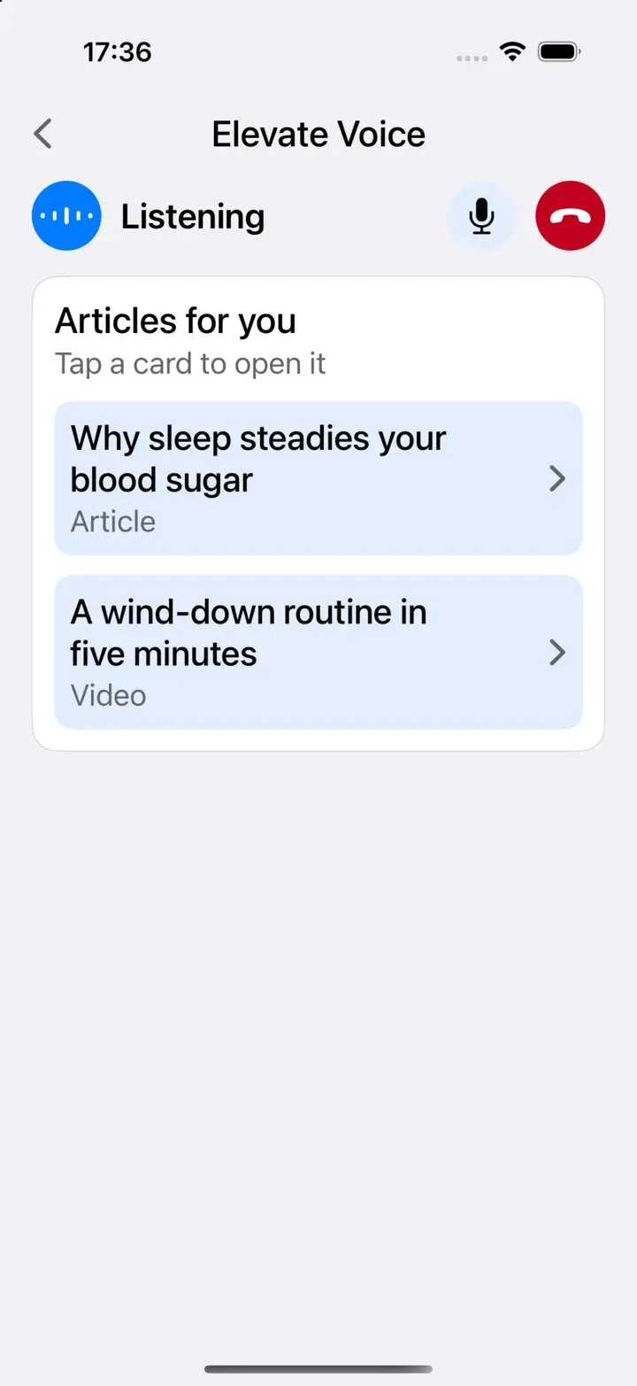 Elevate Voice suggesting articles and a video: Why sleep steadies your blood sugar, and a wind-down routine in five minutes.