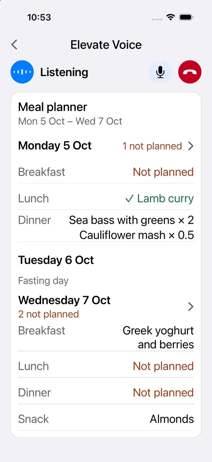 Elevate Voice, listening, showing the meal planner: Monday 5 October with lunch and dinner planned.