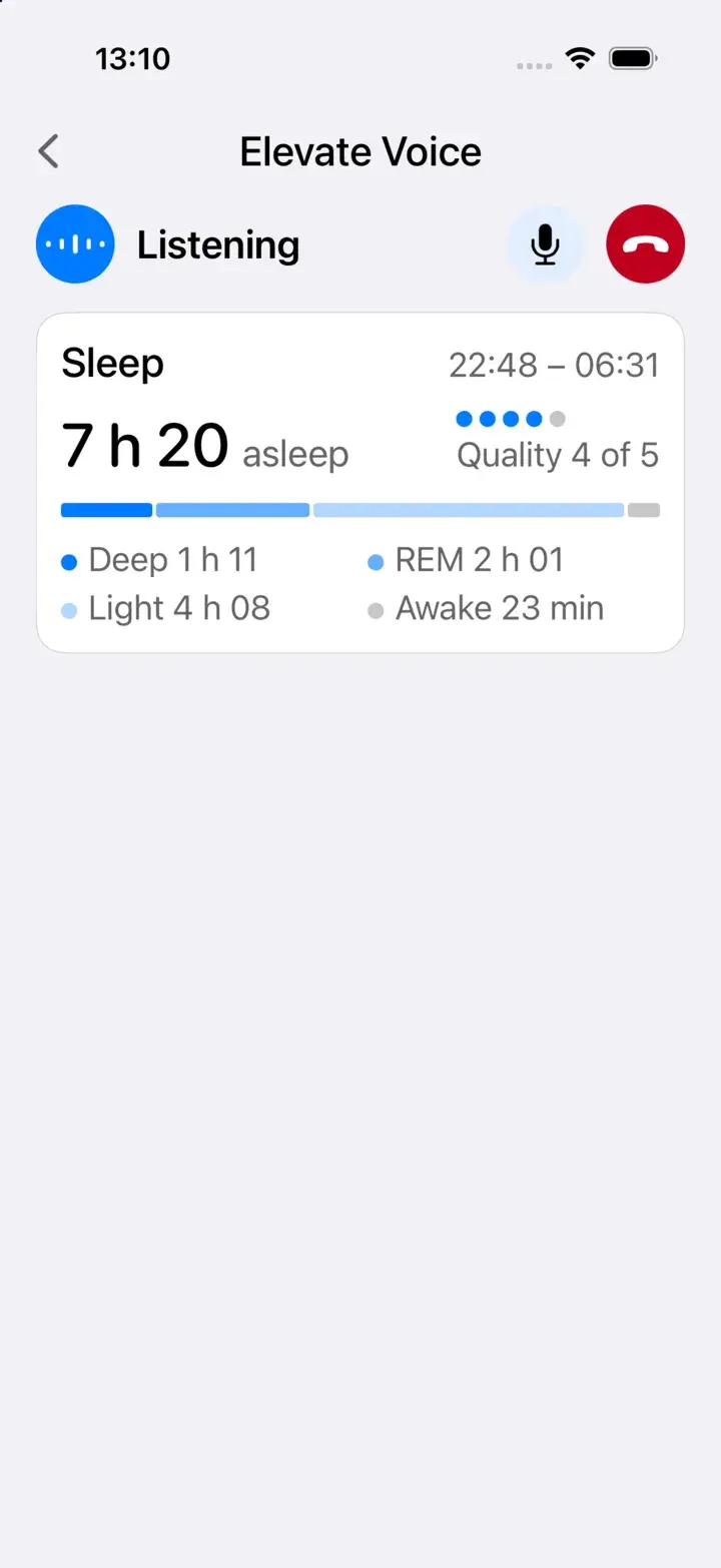 Elevate Voice showing a sleep card: 7 hours 20 asleep, quality 4 of 5, with deep, light, REM and awake times.